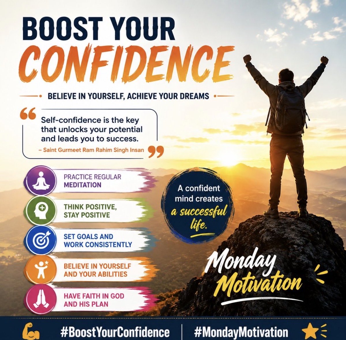 AlaceBajwa's tweet photo. this competitive age, it's crucial to have self-confidence and a positive attitude. Saint @Gurmeetramrahim Ji says that one should keep their faith high by thinking high. #MondayMotivation inspires us to successfully face challenges.

#BoostYourConfidence https://t.co/iwTdqO7EsH