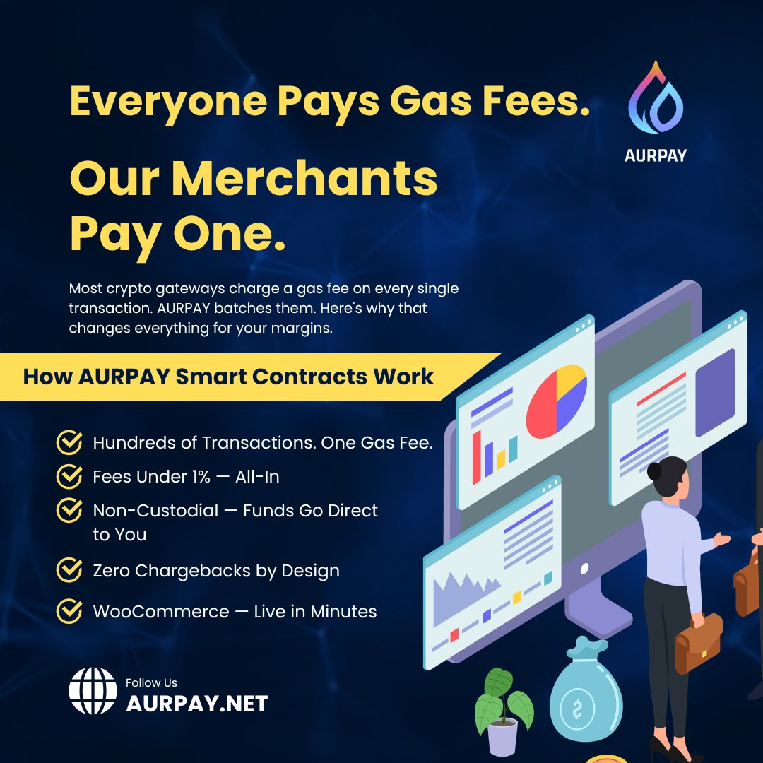 AurpayOfficial's tweet photo. ⛽ "What about gas fees? Don't those add up?"
Every merchant asks me this.

Here's what most gateways don't tell you 🧵

1/ Traditional processing = one gas fee per transaction. 1,000 payments = 1,000 gas costs. Gets expensive fast.