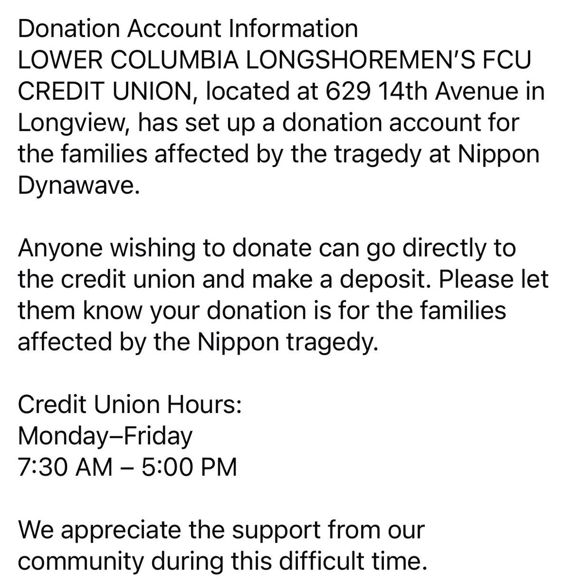 CrystalShell's tweet photo. @HuskyFanPodBDTW @CoachEddieSmith Yes, the Lower Columbia Longshoremen’s Credit Union has an account, be sure to note it is for the families of the Nippon tragedy. 
629 14th Ave
Longview, WA 98632 https://t.co/EvQ36Ow9lw