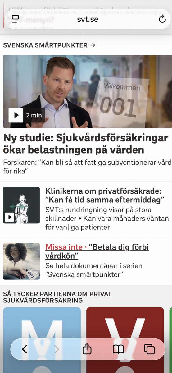 beckmansasikter's tweet photo. Noterar att @svtnyheter går all in kommunism och vill vara en aktör i valrörelsen för det röda laget. 

De hade kunnat vinkla det helt annorlunda. 

Att trots höga skatter så måste många teckna en privat sjukförsäkring för att få vård i tid. Det är en kostnad som betalas helt privat och den som köper en privat sjukförsäkring avlastar den offentliga vården. 

Men den vinklingen väljer alltså inte SVT utan tvärtom köper man Vänsterpartiets narrativ rätt av. 

Djupt olyckligt att SVT inte är politiskt neutral i en valrörelse!