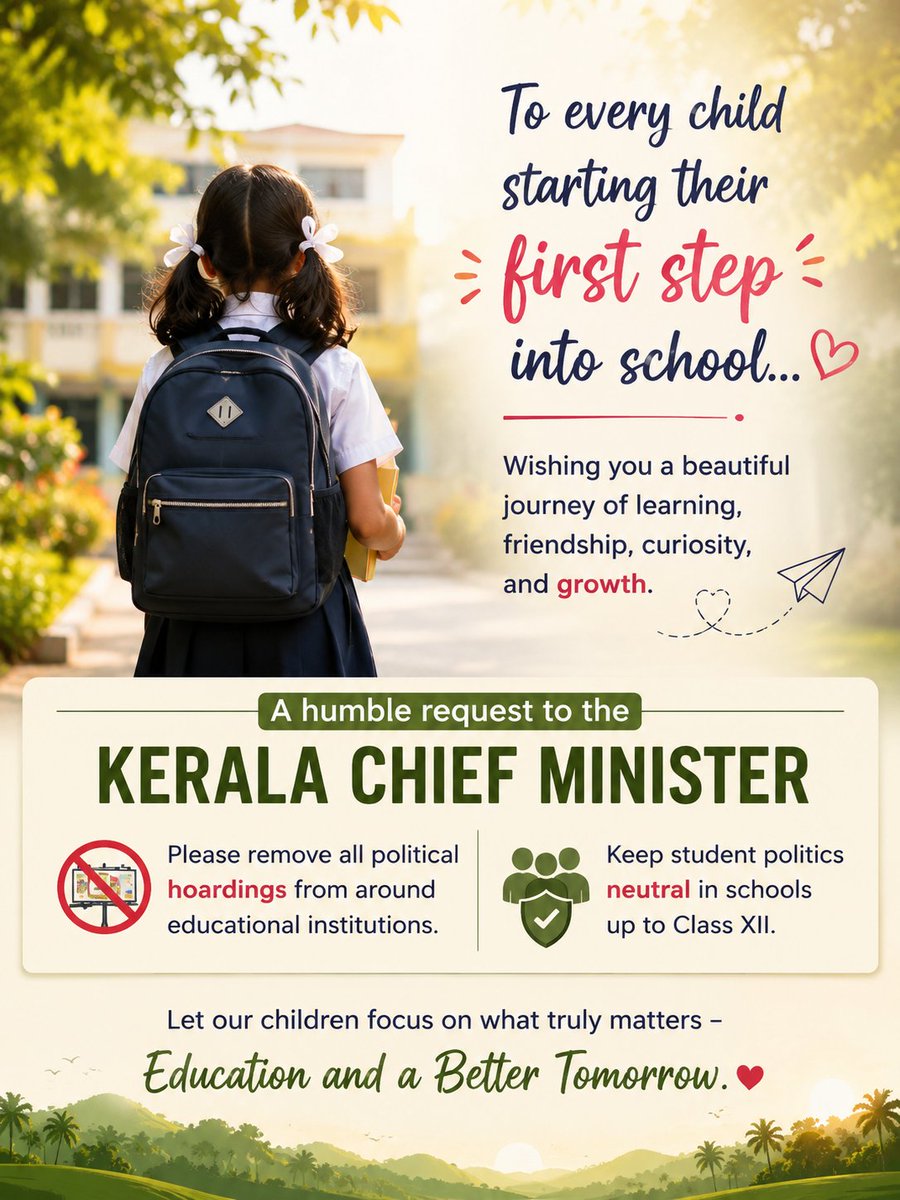 ActorHSR's tweet photo. Wishing all first-time school students a joyful journey of learning, friendship, and growth. Also, I request the @iprdkerala to remove political hoardings near schools and keep student politics neutral up to Class XII, so children can focus on education.
#school https://t.co/avguZzhNvZ