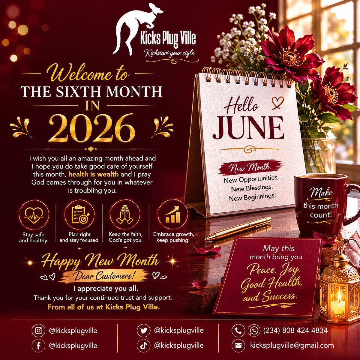 kicksplugville's tweet photo. WELCOME TO THE SIXTH MONTH IN 2026.

I wish you all an amazing month ahead and I hope you do take good care of yourself this month, HEALTH IS WEALTH and I pray God comes through for you in whatever is troubling you 

HAPPY NEW MONTH DEAR CUSTOMER.
#newmonth #kicksplugville #june https://t.co/oPiWholNMO
