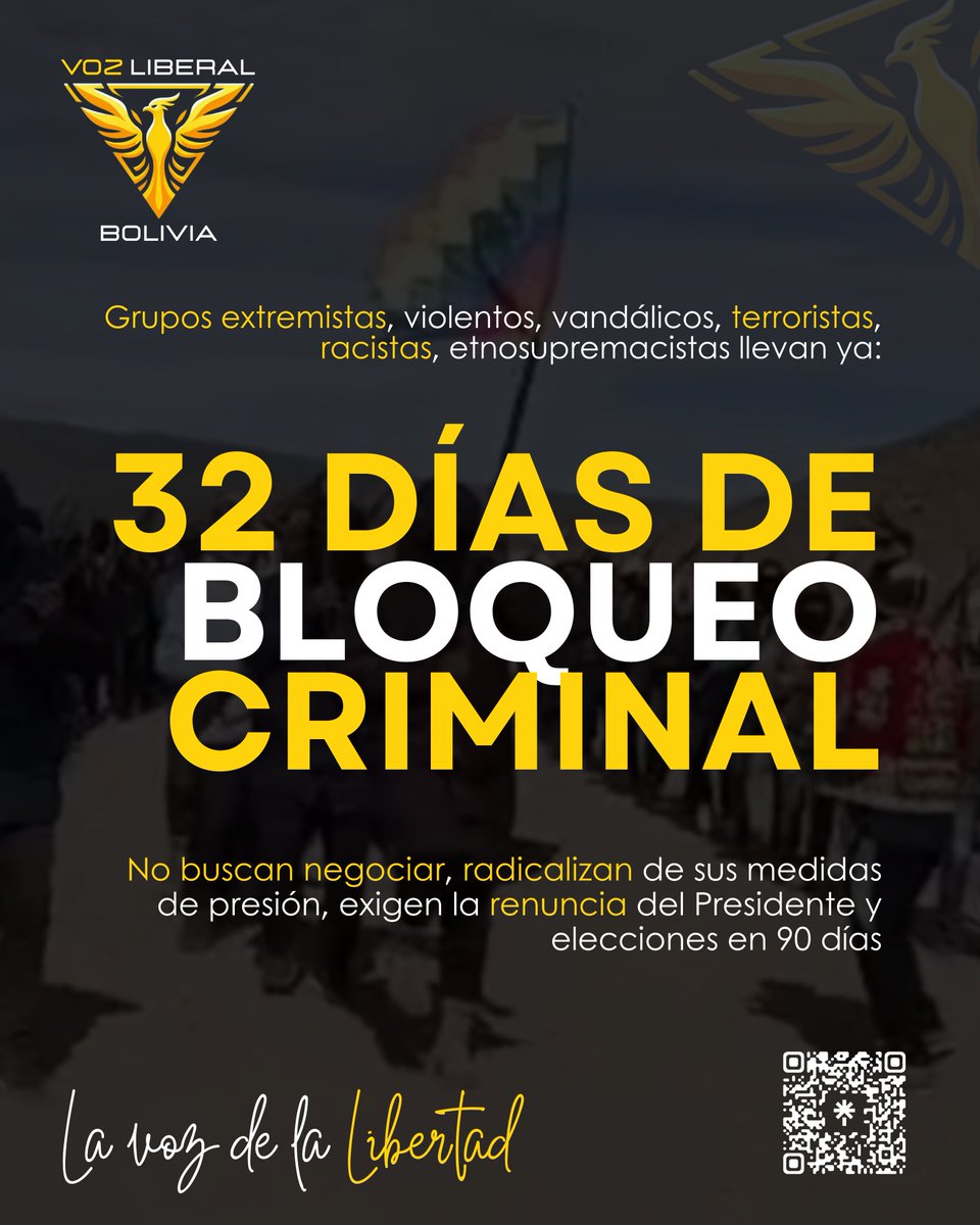 VozLiberalBo's tweet photo. Grupos extremistas, terroristas y racistas llevan ya 32 días de bloqueo criminal, asfixiando Bolivia
Exigen la renuncia del presidente @Rodrigo_PazP 

#VozLiberal #VozLiberalBo
#LaVOZdelaLIBERTAD
#ParaReconstruirBolivia https://t.co/QaWiEhSTgl