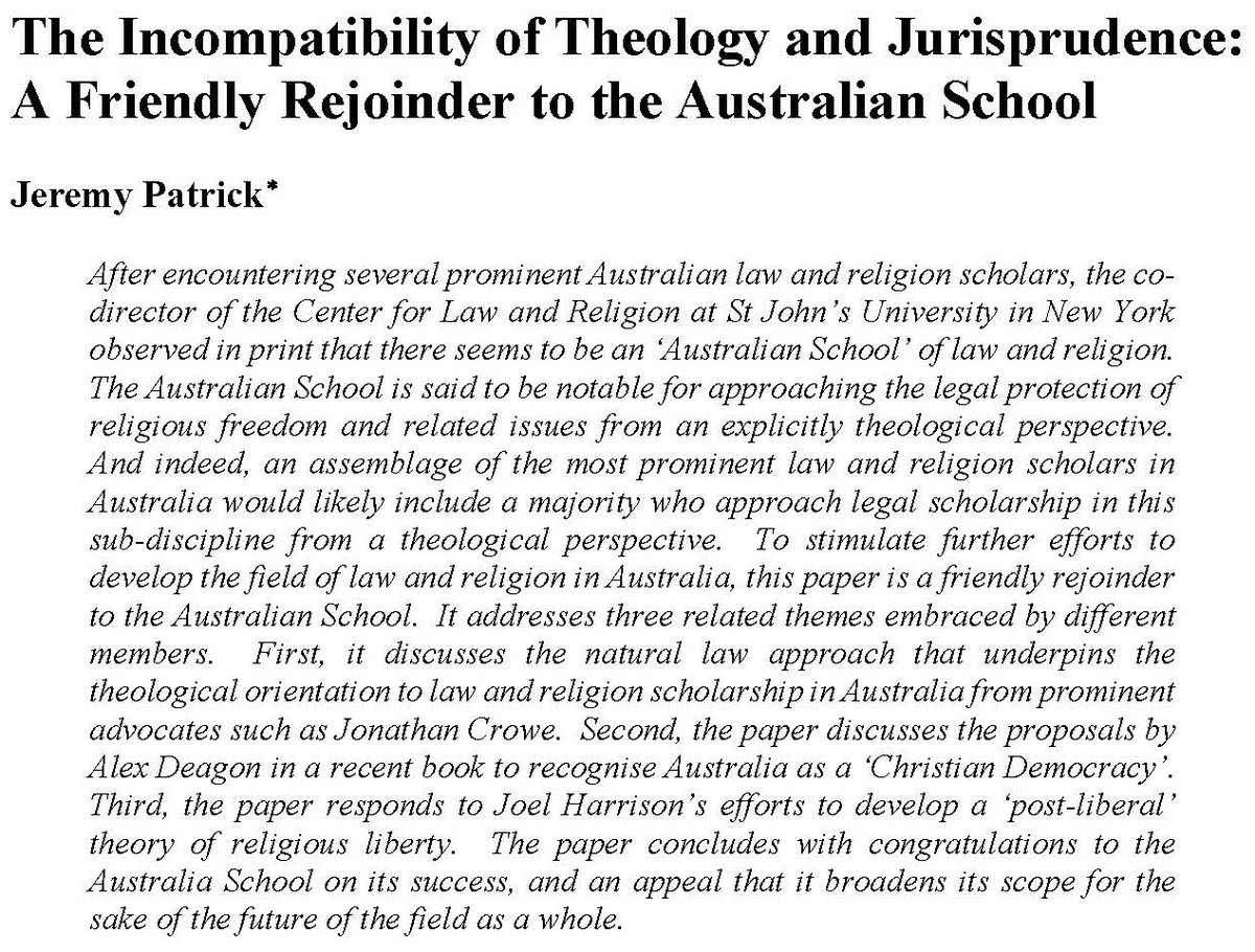 AusJLR's tweet photo. In Volume 7, one of the editors of the AJLR, Jeremy Patrick critiques the rise of the so-called 'Australia School' of Law and Religion and its focus on theology and natural law. Read more for free online here: https://t.co/R8lpUdyLCj https://t.co/GP5o0eyKy0