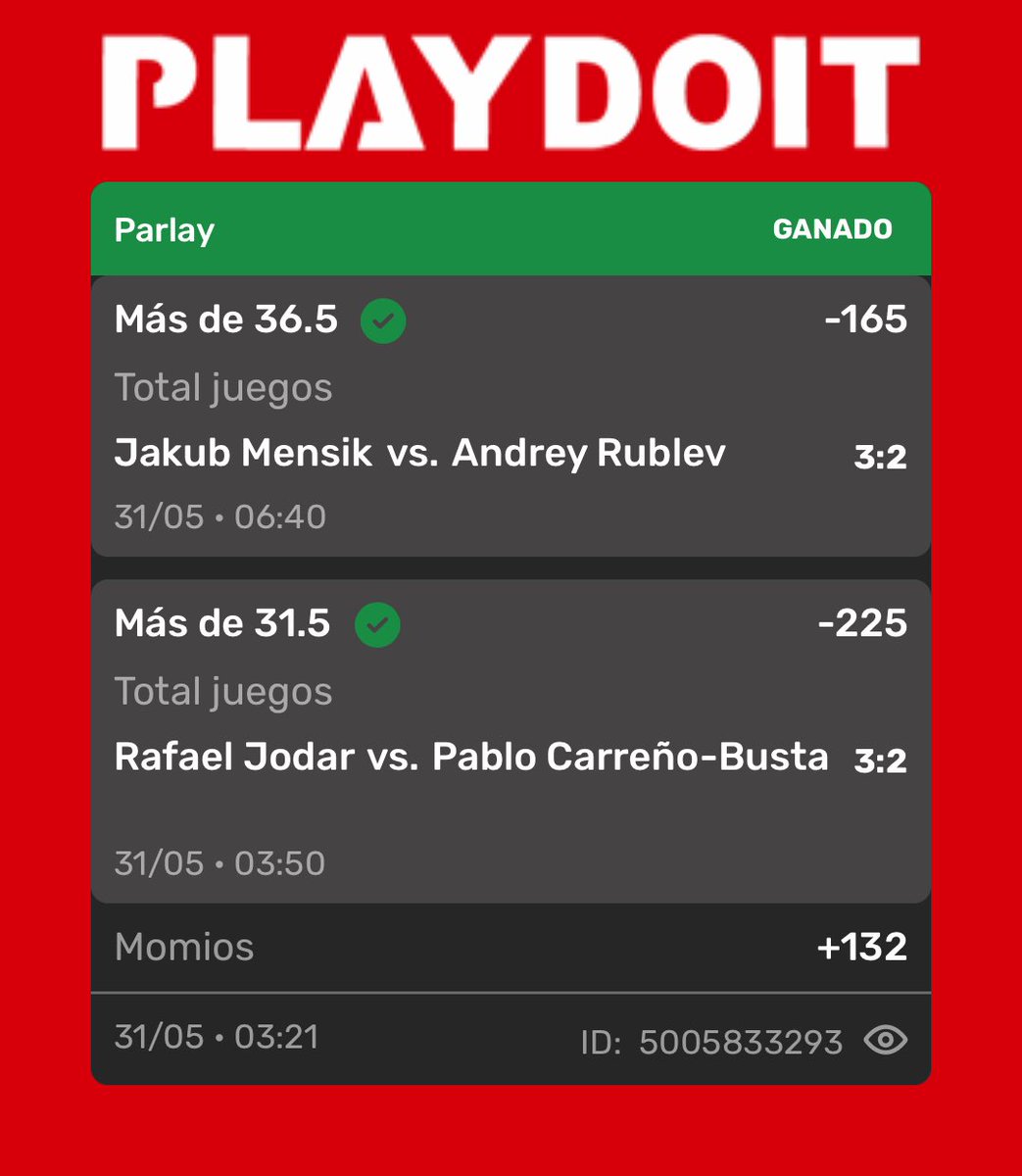 CapitanDataMX's tweet photo. otro parlay cobrado ✅✅ #ApuestasDeportivas #RolandGarros https://t.co/5zHITUiRse