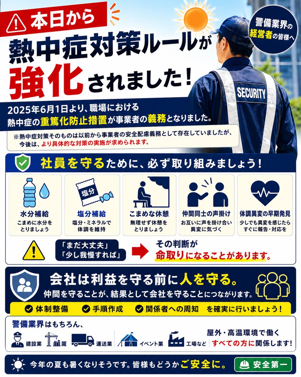 shitorihiriki11's tweet photo. 2025年6月1日より、職場での熱中症対策が法律上の義務となりました。

熱中症は、
「気を付けよう」
だけでは防げません。

大切なのは、

✅ 水分補給
✅ 塩分補給
✅ こまめな休憩
✅ 仲間同士の声掛け
✅ 体調異変の早期発見

です。

警備業界はもちろん、
建設業、運送業、イベント業、工場など、
屋外・高温環境で働く全ての方に関係する話です。

「まだ大丈夫」
「少し我慢すれば」

その判断が命取りになることがあります。

会社は利益を守る前に人を守る。
仲間を守ることが、結果として会社を守ることにつながります。

今年の夏も暑くなりそうです。

皆様もどうかご安全に。

#熱中症対策
#安全第一
#労働安全衛生
#警備業
#ご安全に

熱中症対策が義務化され、事業者には「体制整備」「手順作成」「関係者への周知」が求められています。
