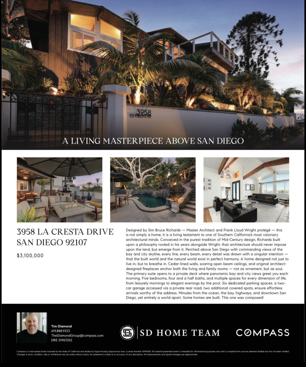 TDiamondRealtor's tweet photo. The magazines haven’t even hit mailboxes yet, and we already have multiple offers and open escrow tomorrow! This stunning Mid-Century masterpiece above San Diego spoke for itself. So incredibly grateful for my amazing clients and the trust they placed in me. https://t.co/Wmablenu38