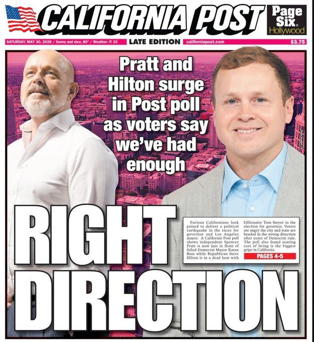 realtombibiyan's tweet photo. Publicly endorsing Steve Hilton. 

Today’s cover of the California post:

Spencer Pratt and Steve Hilton surge in Post poll as voters say we’ve had enough. https://t.co/hR5sun6CCu