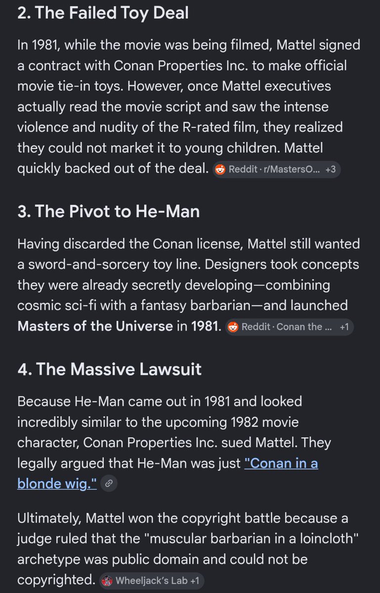 PixilMini's tweet photo. @Abathor_Game @NihilisticNerd What about He-Man? Conan was created by Robert E Howard in 1932 for pulp magazine Weird Tales. Conan movie went into production late 70s, filming started 1980, released 82. He-man was 1981, with Mattel backing out of a Conan toy deal, but still wanting barbarian toys. Conan is F1 https://t.co/3sIYadED2Q
