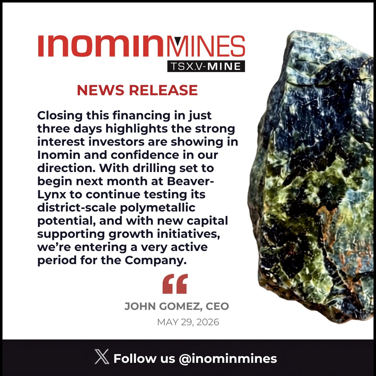 InominMines's tweet photo. Inomin closes financing - fueling the next phase of growth.
#MiningNews #JuniorMining #TSXV $MINE.V https://t.co/SY1raMBosr