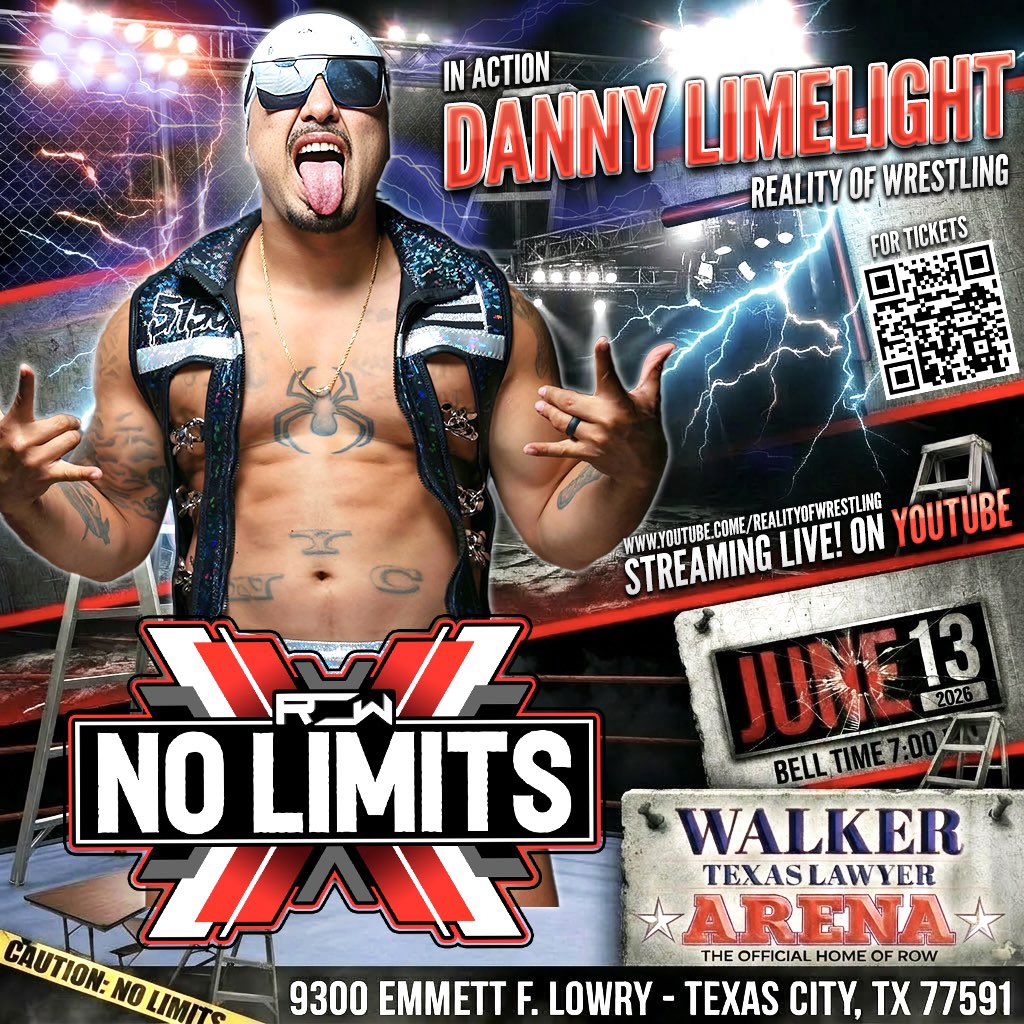 TheOfficialROW's tweet photo. 🚨 TALENT ANNOUNCEMENT 🚨

For the first time since losing the Reality Of Wrestling Championship, former champion @DannyLimeLight returns to ROW at #NoLimits on Saturday, June 13th!

After an incredible championship reign, questions remain. What’s next for Danny Limelight? Will he begin his climb back to the top? Or does he have unfinished business to settle?

🚪 Doors Open: 6:30 PM
🔔 Bell Time: 7:00 PM
📍 9300 Emmett F. Lowry Expressway
Texas City, TX 77591

🎟️ Grab your tickets NOW:
👉 https://t.co/8hEzuvyFZS