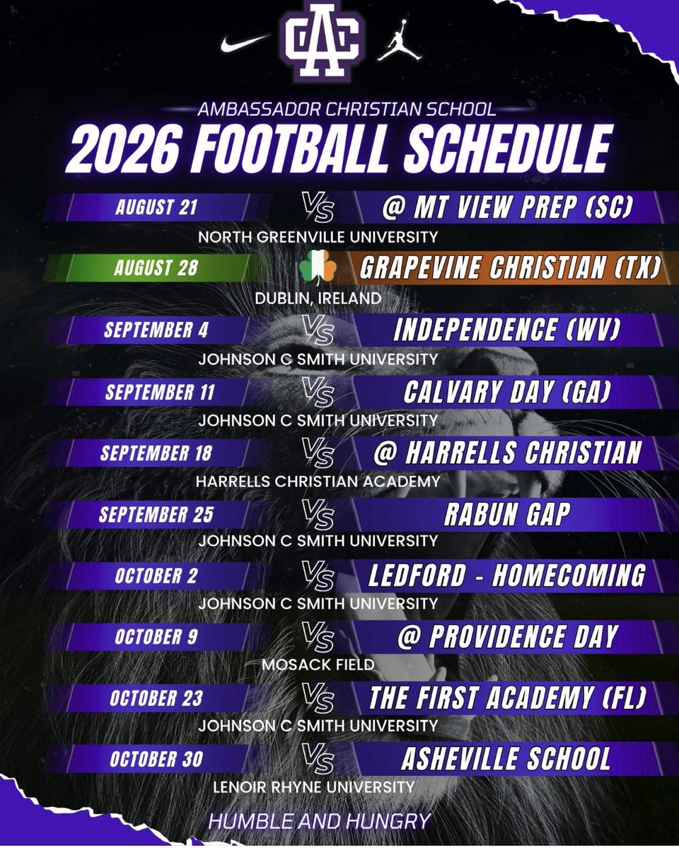 acs_football24's tweet photo. The summer journey starts this week!  

10 games, playing 8 games in college stadiums, featuring top ranked teams from 6 states and 2 continents!  5 home games played at Johnson C Smith University.  Excited for the challenges ahead!  Chase the Lion! https://t.co/JrbtTi6bmm