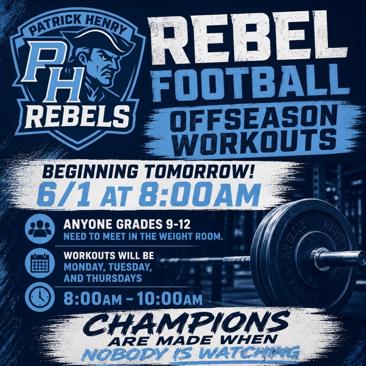 Patrick_HenryHS's tweet photo. Information for Varsity Football off season workouts! They will begin tomorrow at 8:00AM. Workouts will take place every Monday, Tuesday, and Thursdays! https://t.co/qqF2YFBYmT