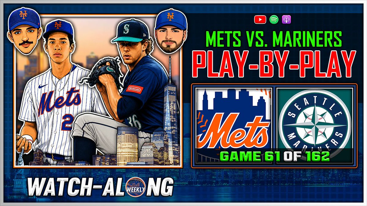 MetsWeeklyPod's tweet photo. LIVE TONIGHT @ 9:30 EST FOR FIRST PITCH 🚨
https://t.co/JBL9svovEK

Join us LIVE for watch-along coverage of Mets vs. Mariners Game 61 of 162, hosted by @CorePython &amp; @MMlynarkiewicz! https://t.co/PYMearz5I5