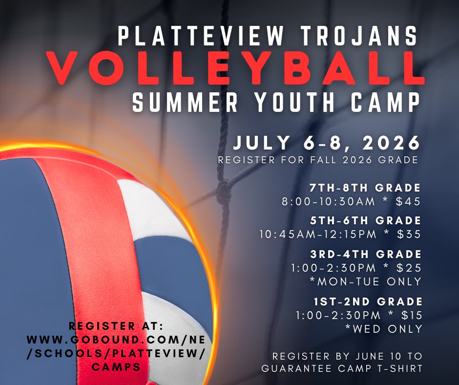 PlatteviewVB's tweet photo. Come train with us this summer! Register by June 10 to guarantee a camp shirt! https://t.co/UuGPFaZ9HH https://t.co/DfbM0hVoOb