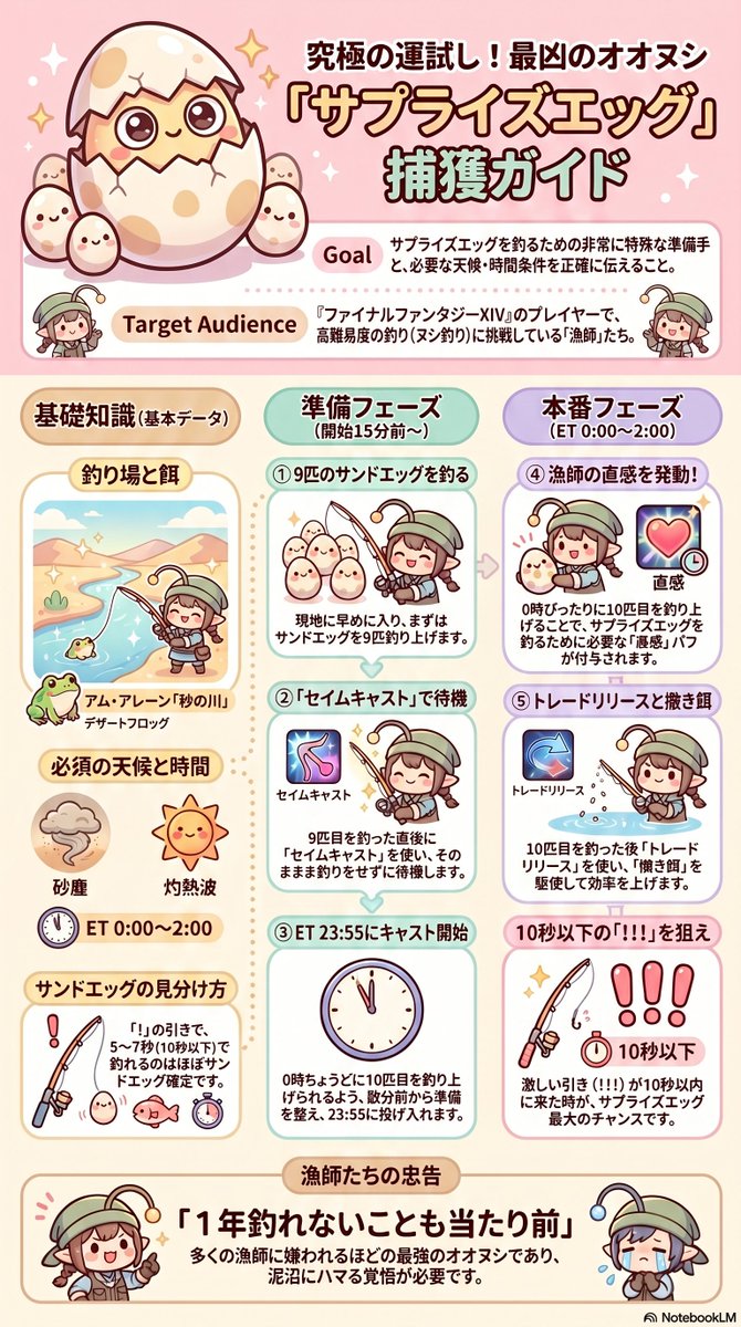 takesankamone's tweet photo. 本日16時50分から55分
サプライズエッグが釣れますよ🥚
こいつは最恐最悪のある意味オオヌシ釣りの絶コンテンツと言っても過言ではないけど、
釣り方も図式化してみたけど、整理すると意外と簡単♪
一度試しに遊び行ってみて♪
#FF14
#ff14ヌシ釣り https://t.co/47SlVFyFSf