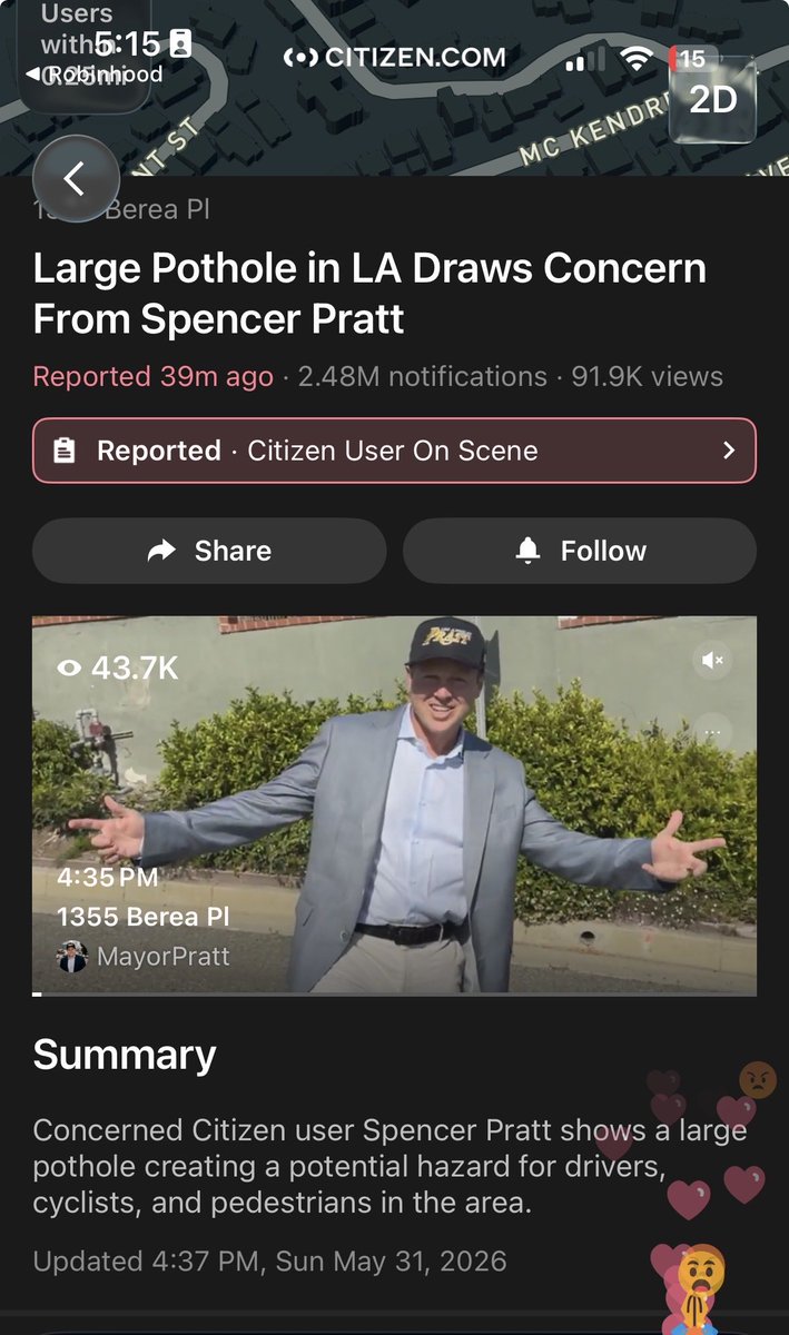 pixabo's tweet photo. I live in Seattle and somehow got a Citizen app notification for Mayor Pratt at a pothole in LA…. Odd 😅

Interesting social media use 😭 https://t.co/8iQjAtI8m1