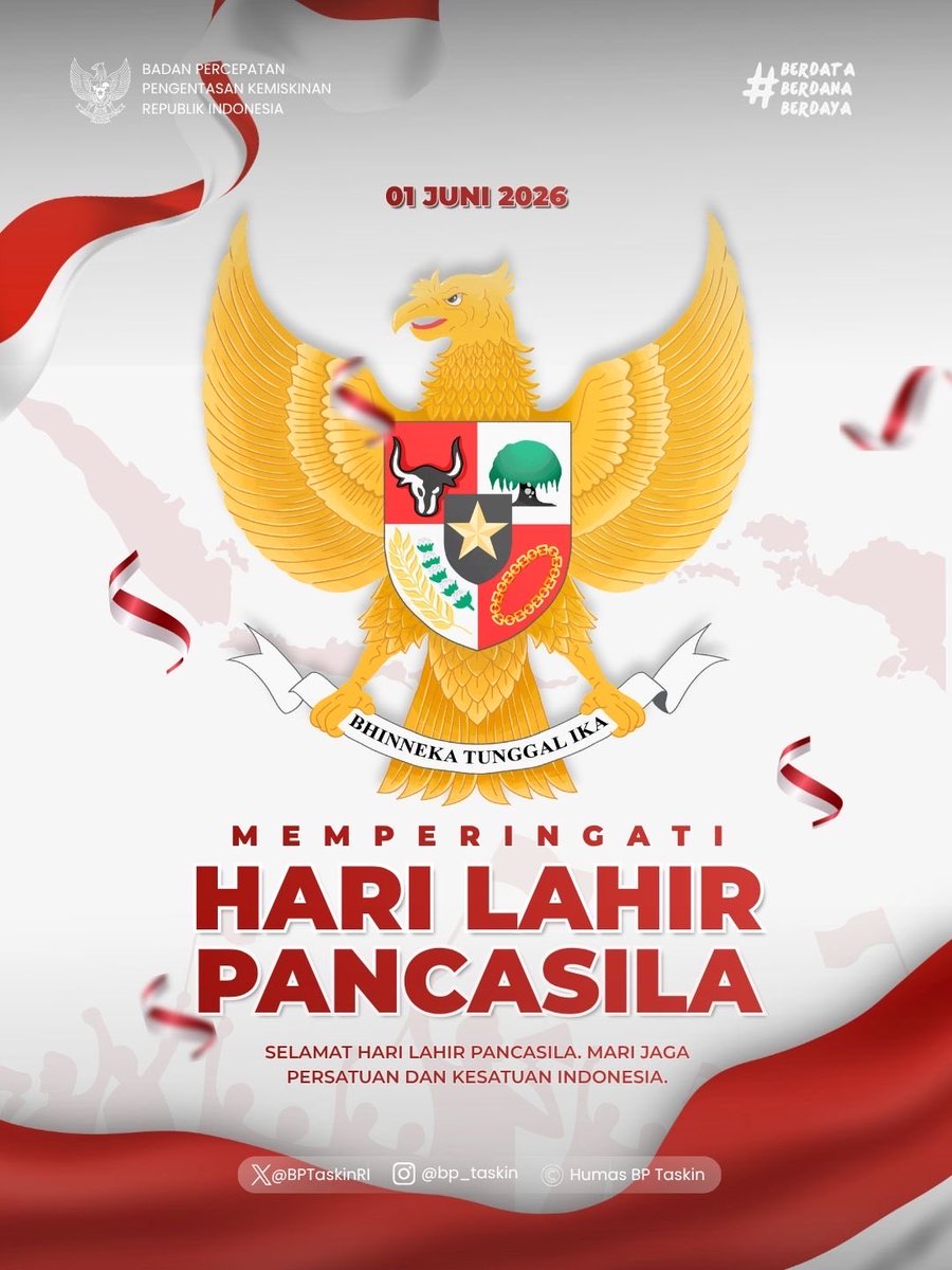 BPTaskinRI's tweet photo. Selamat Hari Lahir Pancasila 2026.

Lebih dari sekadar fondasi, Pancasila adalah napas yang menyatukan keberagaman kita. Ia hadir sebagai penuntun dalam setiap langkah mewujudkan Indonesia yang adil, maju, dan sejahtera. https://t.co/bdv4KejfcW