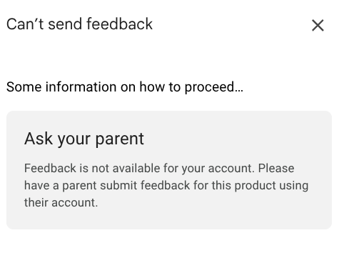 ScruffyRedBush's tweet photo. I tried to give feedback on Google's search but it thinks I'm a kid.
#Google #Feedback https://t.co/YljHZZ8cDW