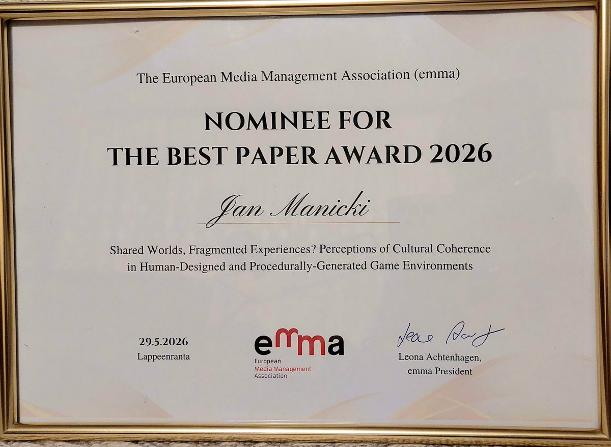JanManicki's tweet photo. Szalone trzy dni na konferencji @emma_assoc 2026 w Lappeenrancie. Fascynujące wystąpienia i ciekawe rozmowy o przyszłości mediów, a do tego mój artykuł o proceduralnie generowanych światach w grach z wyróżnieniem 💪 Sama Finlandia - zjawiskowa. Na pewno wrócę! #emmalappeenranta https://t.co/aIYBGkrUZ1
