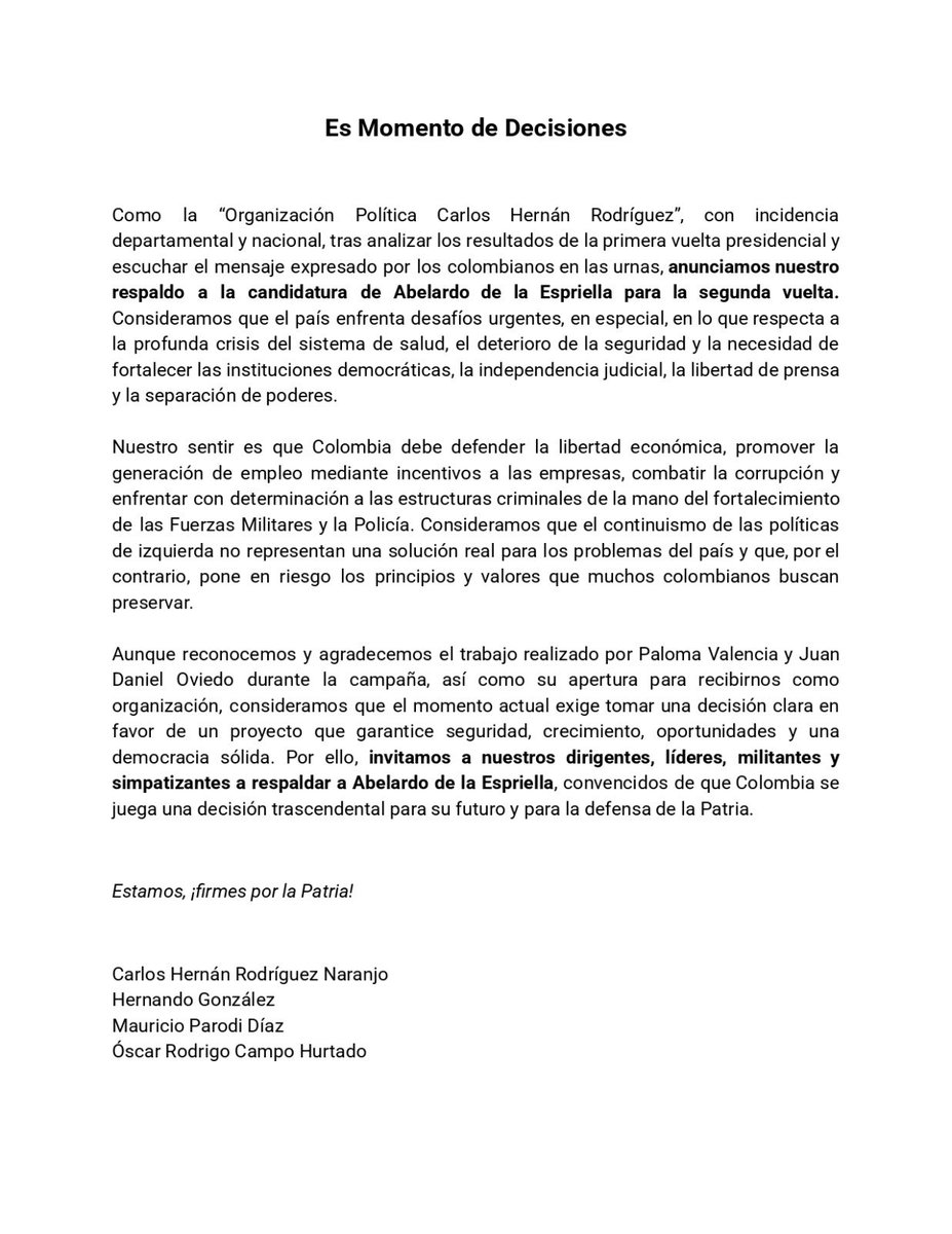 ProfeGonzalezH's tweet photo. Comunicado a la opinión pública, de cara a los resultados de la primera vuelta presidencial. https://t.co/J8XxeGs75c