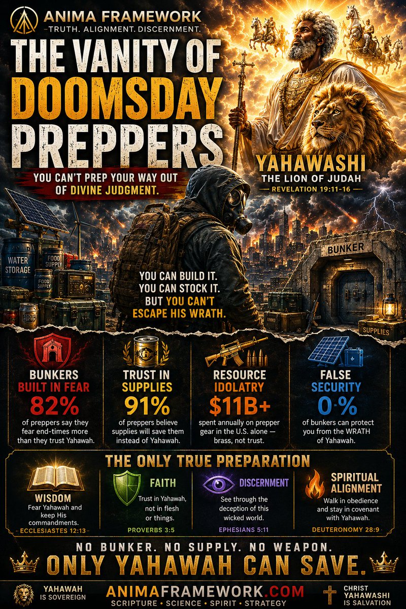 AnimaFramework's tweet photo. 🧱⚠️“Doomsday Prepping: Edomite Vanity vs. Elect Faith”⚠️🧱
👉🏽 https://t.co/koWvLZLZmV
They stockpile bunkers, ammo, beans & bandages thinking they'll rebuild Babylon after its fall…

But Babylon isn’t coming back. It’s going out in nuclear judgment and chariot invasion.
🛑 No prepping can resist the fire

🛑 No bunker can block Yahawashi’s chariots

🛑 No gold can bribe judgment
Edomites prep because they’re carnal.

The elect prepare by standing in the fear of the Lord.

Not to rebuild America — but to endure until salvation by divine extraction.
📜 Isaiah 33:6 — “Wisdom and knowledge shall be the stability of thy times.”

That’s our prep. That’s our insurance. That’s our plan.

📖 Read now. Strengthen your walk.
👉🏽 https://t.co/koWvLZLZmV