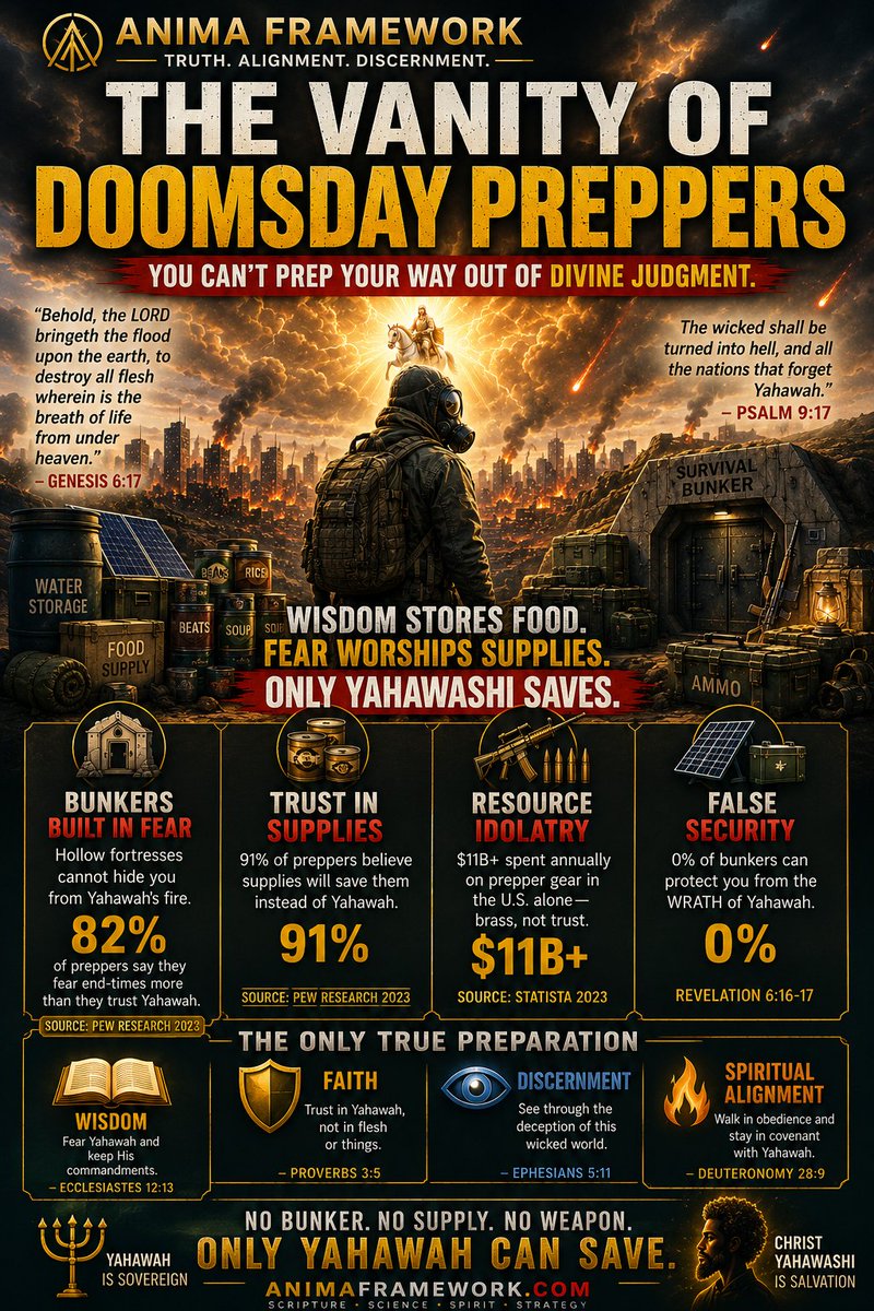 AnimaFramework's tweet photo. 🧱⚠️“Doomsday Prepping: Edomite Vanity vs. Elect Faith”⚠️🧱
👉🏽 https://t.co/koWvLZLZmV
They stockpile bunkers, ammo, beans & bandages thinking they'll rebuild Babylon after its fall…

But Babylon isn’t coming back. It’s going out in nuclear judgment and chariot invasion.
🛑 No prepping can resist the fire

🛑 No bunker can block Yahawashi’s chariots

🛑 No gold can bribe judgment
Edomites prep because they’re carnal.

The elect prepare by standing in the fear of the Lord.

Not to rebuild America — but to endure until salvation by divine extraction.
📜 Isaiah 33:6 — “Wisdom and knowledge shall be the stability of thy times.”

That’s our prep. That’s our insurance. That’s our plan.

📖 Read now. Strengthen your walk.
👉🏽 https://t.co/koWvLZLZmV