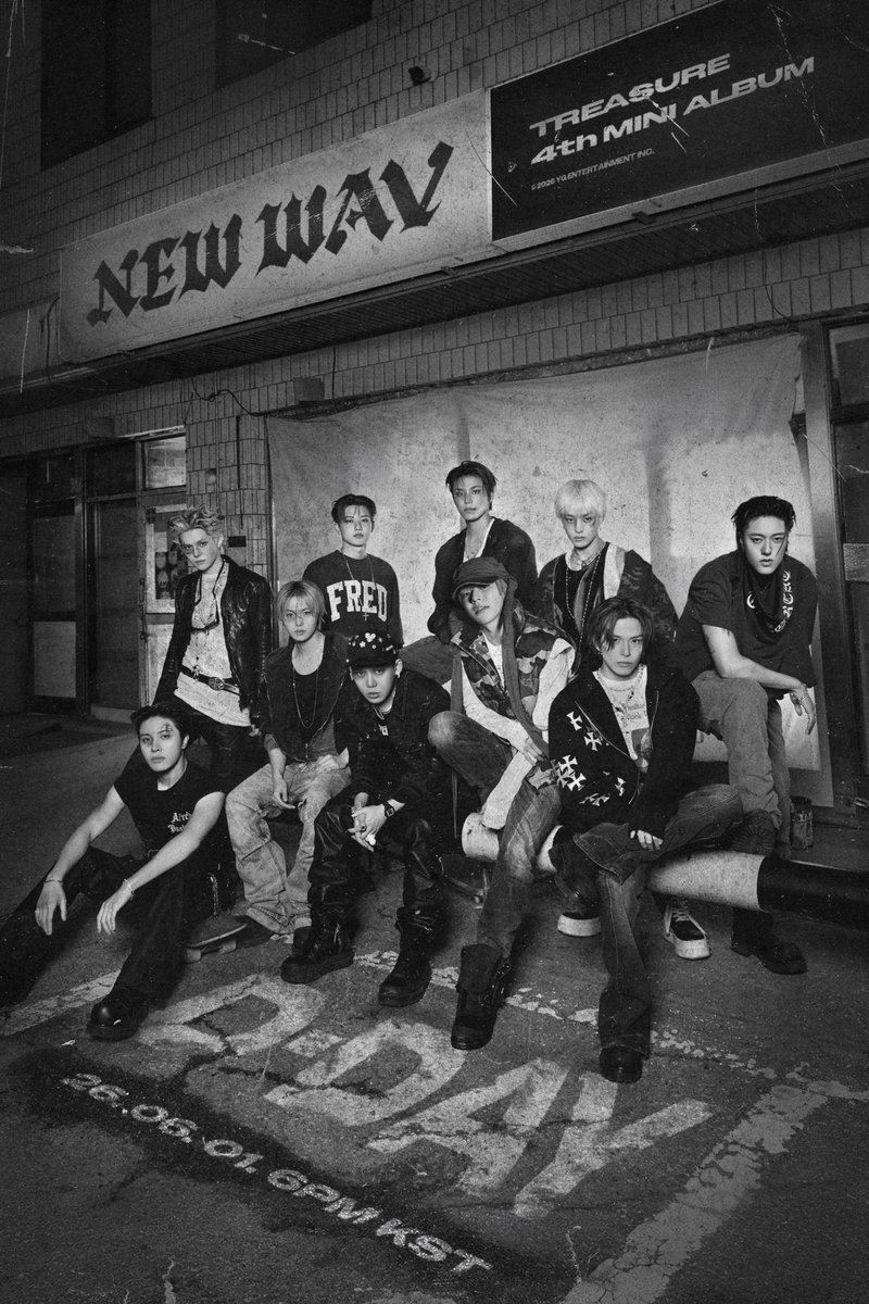 junwyu's tweet photo. the wait is officially over because D-DAY for our 4th mini album [NEW WAV] is finally here. look at us looking all cool under the streetlights in this poster. drop your absolute favorite track name in the comments below, teume. 💎 https://t.co/2XkROFmdUh