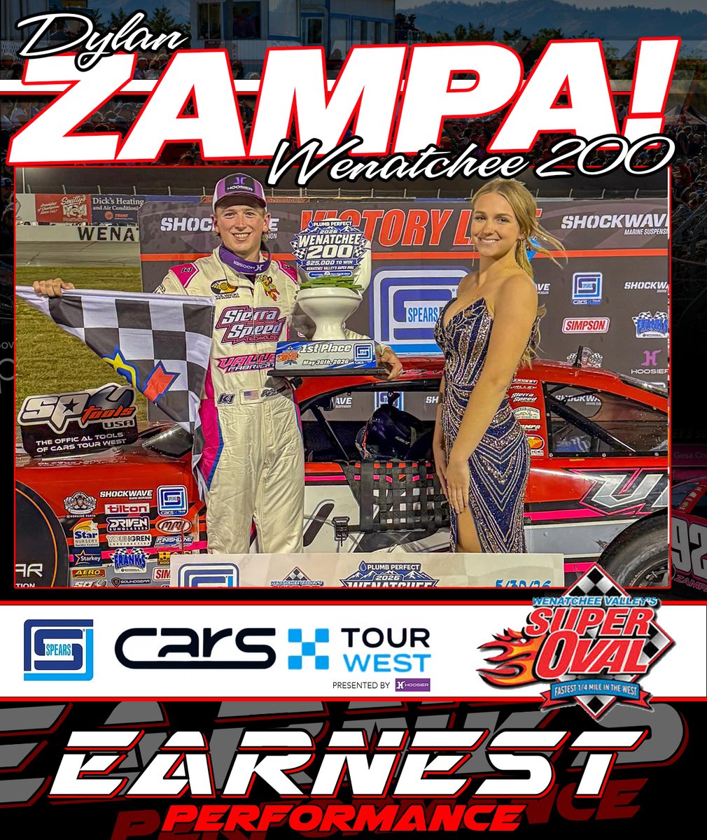 EarnestPerform's tweet photo. 𝑍 𝐴 𝑀 𝑃 𝐴 📷
Congratulations to Dylan Zampa on winning The Wenatchee 200 at Wenatchee Valley Super-Oval. $25,000 and topping a great CARS Tour West field.
Let us know if we can help roll those bullrings a bit smoother. (704) 654-1492.
#earneditwithearnest x JRi Shocks https://t.co/M0oKPePrcT