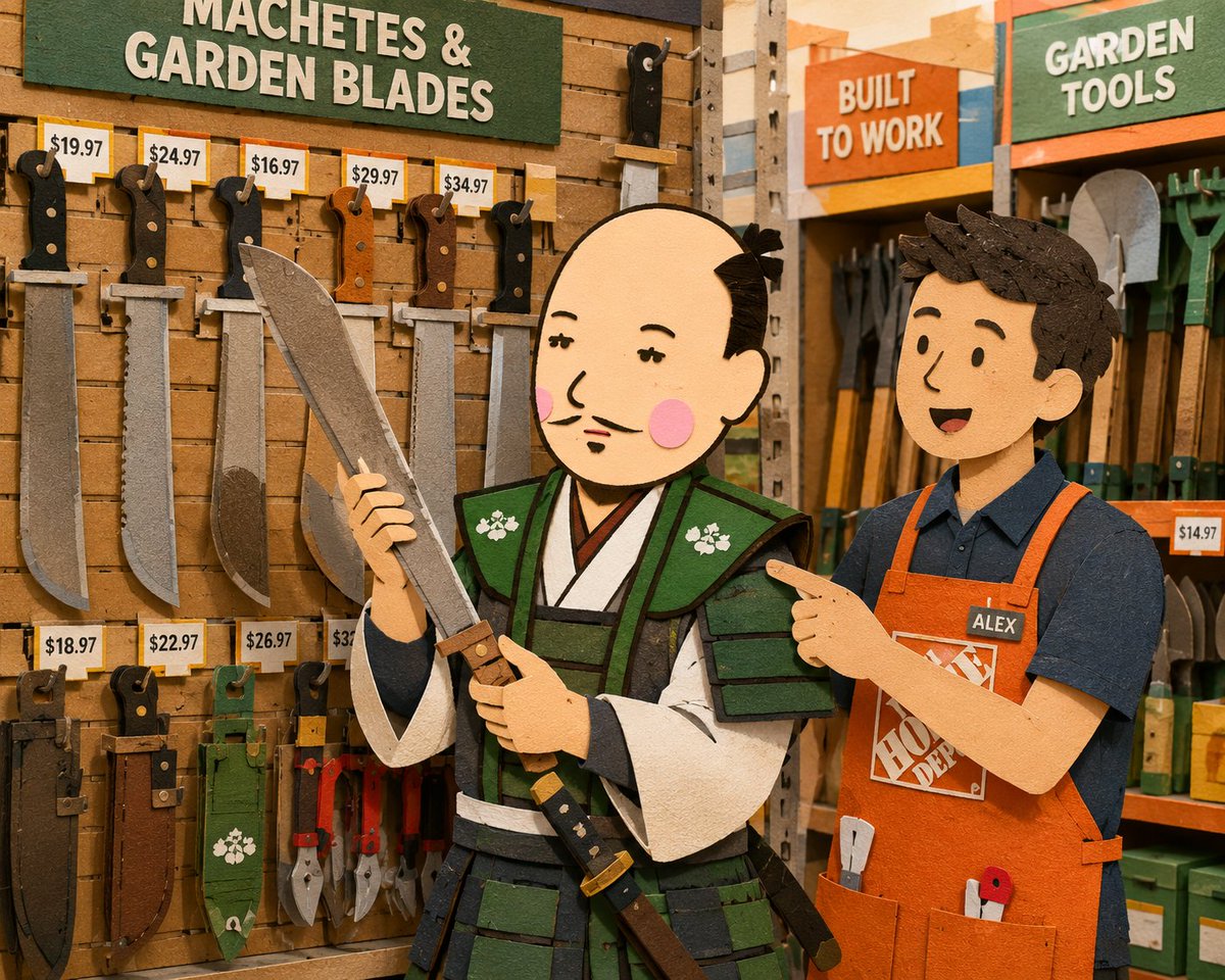japan_nobunaga's tweet photo. My sword broke last winter, and so I went to replace it at the only smith I could find: a vast American hall called The Home Depot.

A young man in an orange apron asked if I needed help. He was perhaps twenty. To carry the burden of an entire armory at twenty, he must have trained since boyhood. I bowed deeply. He said "no worries man" and bowed back, which I found very correct of him.

I told him I sought a blade. A real one. He led me, without hesitation, to an entire wall of them.

I have never seen such a forge. Hundreds of blades, hanging in rows, each wrapped and labeled. This boy guarded more steel than my entire province.

I took down a long one. The label read "machete." A foreign school, perhaps. I ran my thumb along it the way my father taught me, feeling for the soul of the steel.

"You can get the cover for that too," he said, "keeps the rust off."

A scabbard, sold separately. Sensible. I nodded as one nods to a wiser man.

I asked him which blade he would carry into battle. He thought about it seriously. This is the mark of a real craftsman, that he does not answer quickly. Then he pointed to a curved one and said "honestly that one's great for clearing brush."

Clearing brush. A code, surely. The brush being one's enemies. I understood him completely. Two warriors, speaking plainly at last.

I selected three. He helped me carry them to the front. He even asked if I had found everything I was looking for, the way a host asks before you leave his home. I told him he had served his clan with honor.

Then a woman at the counter asked for forty dollars, and for my membership number.

I do not have a membership number. I have a family name, eight hundred years old.

I gave her that instead.

She typed it in. She said it was not coming up.

So tell me honestly, because that boy was the finest swordsmith I have met in this country.

How do I become a member of his clan?

I would be proud to serve under that orange banner.