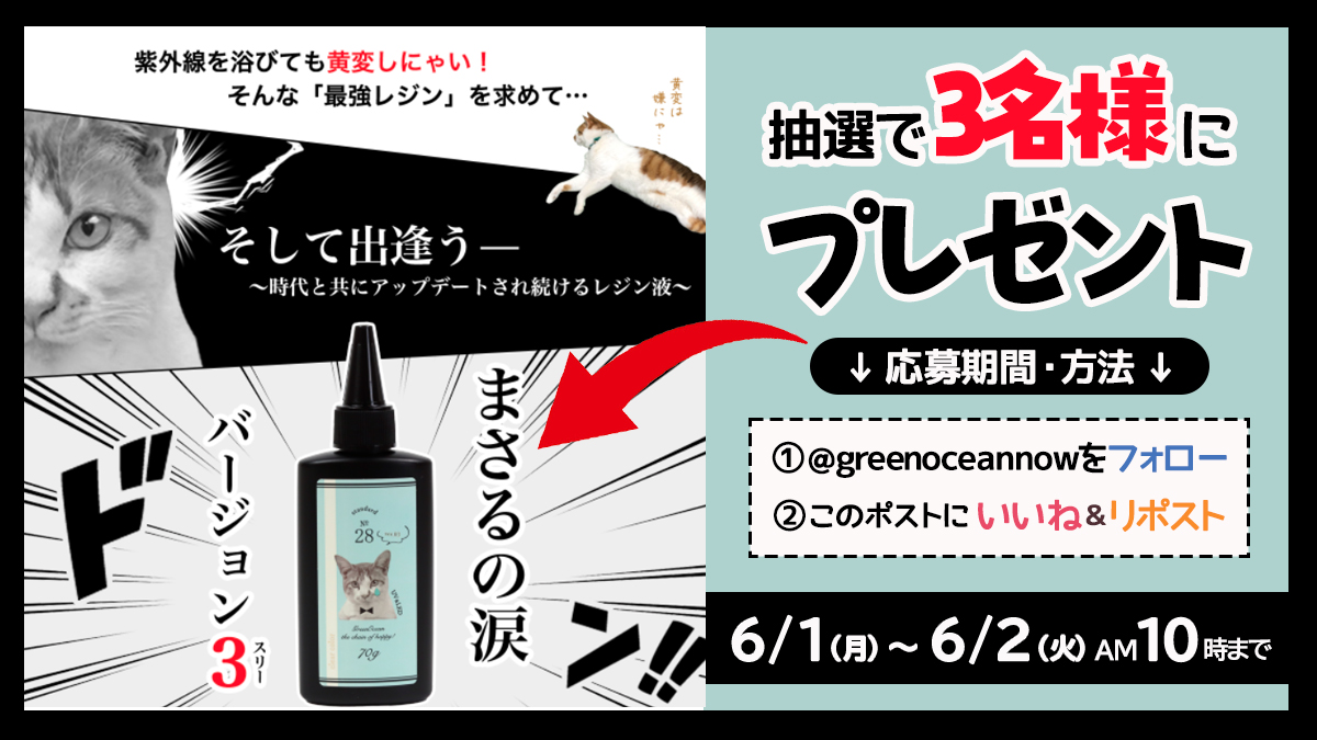 greenoceannow's tweet photo. ／
💥超スピードプレゼント企画💥
『まさるの涙ver.03』が当たる！！🎉
1日間限定プレゼントキャンペーン🎁
＼

6月3日リニューアルの新商品✨
【まさるの涙ver.03】
を抽選で3名様にプレゼントするにゃ🐾

▼応募方法
①@greenoceannowをフォロー
②このポストをいいね＆リポスト

▼応募期間
6/1（月）AM10：00　～　6/2（火）AM10：00まで

▼当選発表
結果は 6/2 AM10：00～ 6/3 AM10：00　までに GreenOceanX公式アカウント【@greenoceannow】よりメッセージでご連絡します。

▼当選商品の発送について
6/4の発送を予定しております。
発送完了のご連絡はいたしません。ご了承ください。