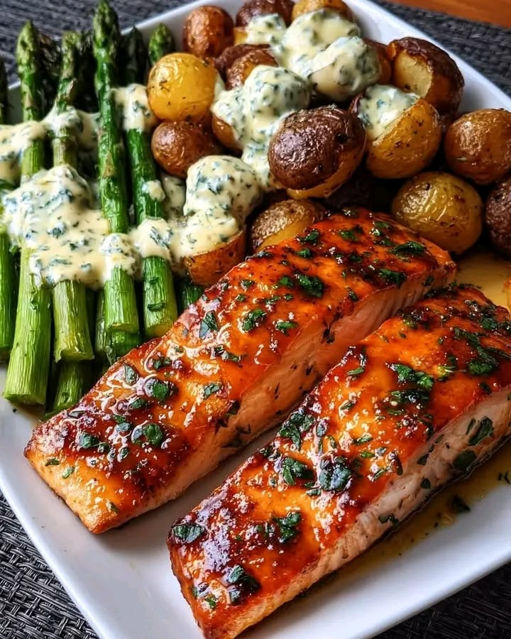 NThanh86518's tweet photo. Honey glazed salmon with asparagus and roasted baby potatoes, drizzled with herb garlic butter sauce!

❄️Ingredients :
 . 2 salmon fillets
 . 2 cups baby potatoes
 . 1 bunch asparagus 
. 2 tbsp olive oil 
. 2 tbsp honey or glaze sauce 
. 2 cloves garlic, minced 
. 2 tbsp butter 
. 1/4 cup cream or sauce base 
. Salt, black pepper, herbs