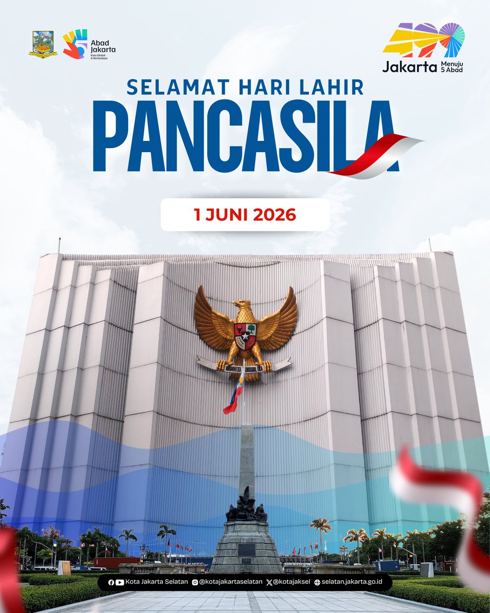 KotaJaksel's tweet photo. Bersama #Pancasila, kita rawat Indonesia dengan hati, karya, dan semangat untuk terus melangkah maju โจ
Selamat Memperingati Hari Lahir Pancasila ๐ฎ๐ฉ
#dkijakarta #pemkotjaksel #harilahirpancasila #pancasilaindonesia #jakartaselatan https://t.co/Qs8jTPERdb