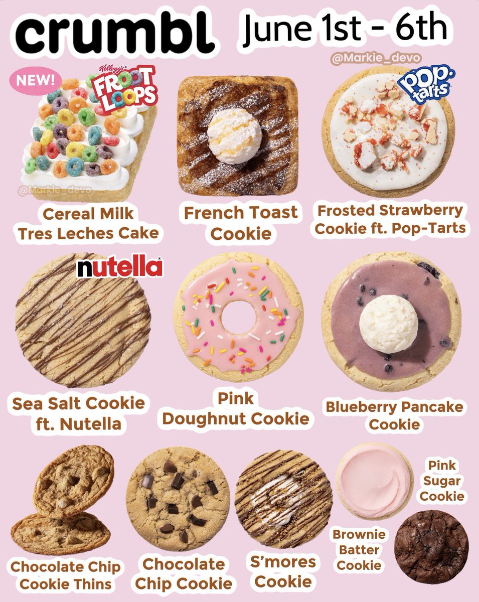 markie_devo's tweet photo. This menu looks so good, I might crumbl!🫠🥹

Crumbl menu for the week of June 1st.

-NEW Cereal Milk Tres Leches Cake w Froot loops::A cereal milk-flavored cake packed with fruity cereal pieces, soaked with a cereal milk-flavored tres leches sauce, and topped with fresh whipped cream and a dusting of more fruity cereal pieces.

📍Get this menu at Crumbl locations June 1st - 6th. 

(News/Image::Crumbl)

Feeling any of these👇🏻