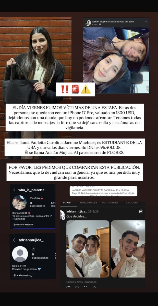 SilviaPolvorita's tweet photo. Denuncia policial hecha y ahora difusión. Paulette Carolina Jacome Machare (extranjera-estudiante en la UBA) y su cómplice Adrián Mujica. 
Me ayudan a difundir? RT https://t.co/mkZyMzpfj9
