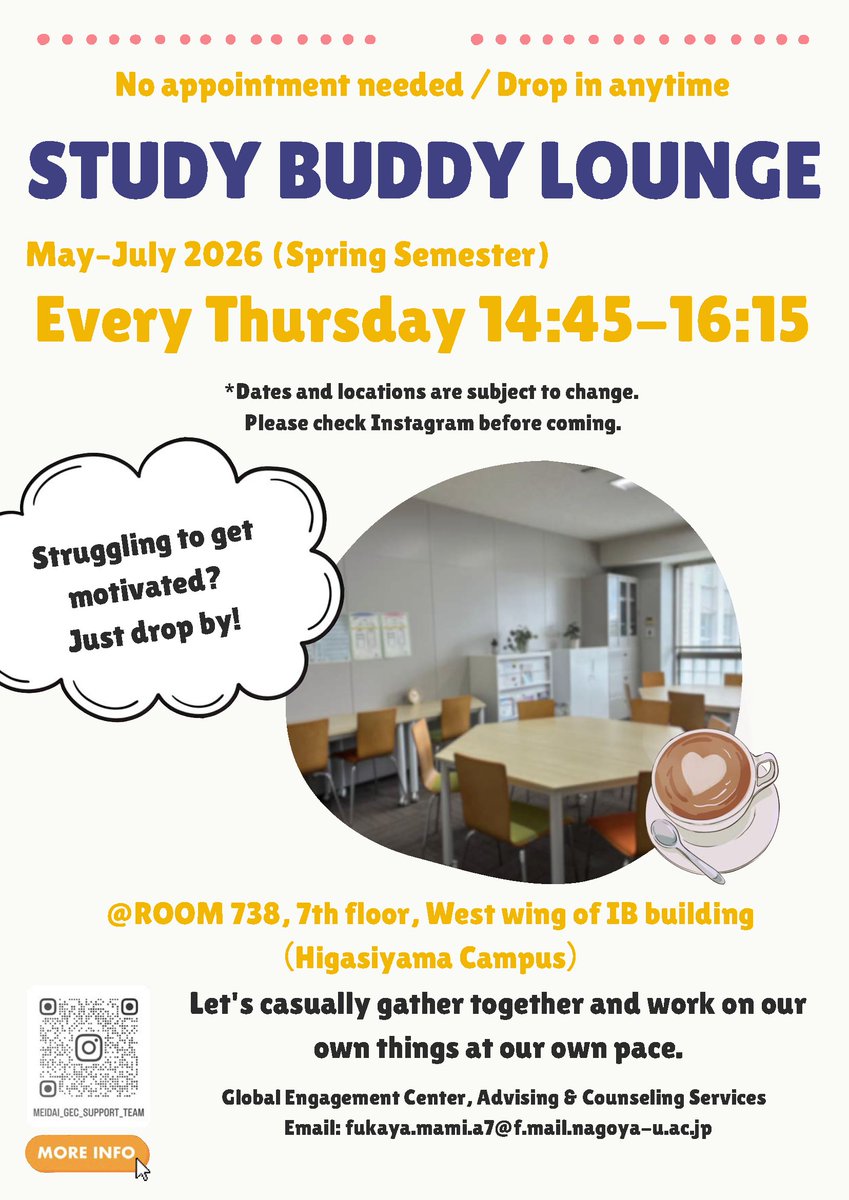 y98fglx's tweet photo. 📣Study Buddy Lounge 🗓️June Schedule 
As we move into the middle of the semester, you may start to feel a bit tired or overwhelmed. Why not take this opportunity to study together in a relaxed space?
📝6/4, 6/18, 6/25 14:45~16:15
📝#738 West wing of IB building https://t.co/yrLw6qrn53