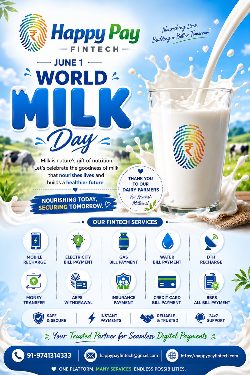HappyPayFin's tweet photo. 🥛 Happy World Milk Day!Nourishing lives &amp; building a healthier future 🌱With Happy Pay Fintech, enjoy seamless digital services:
💸 Money Transfer | 🏦 AEPS
📱 Recharge | 💡 Bill Payments | 💳 Credit Card |⚡ Fast | 🔒 Secure | 🤝 Trusted🌐 https://t.co/6RBinoZmdp https://t.co/40EiOXUoSC
