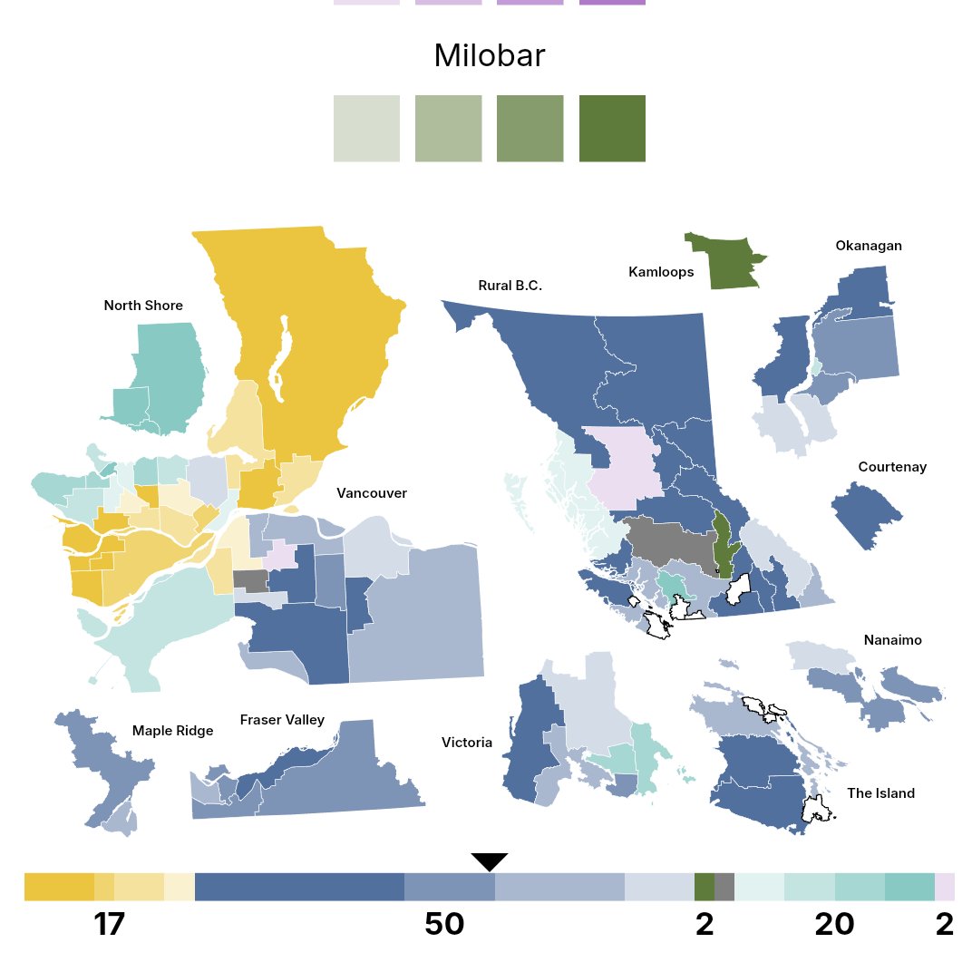 Cadeyrnn's tweet photo. NEW – Here is the map of round 1 results of the BC Conservative leadership race. 

Findlay led in ridings in blue; Elliott in ridings in teal; Black in ridings in yellow; Fulmer in ridings in pink; and Milobar in ridings in green. 

Surrey-Newton and Cariboo-Chilcotin were tied. https://t.co/VL4hyUR54L