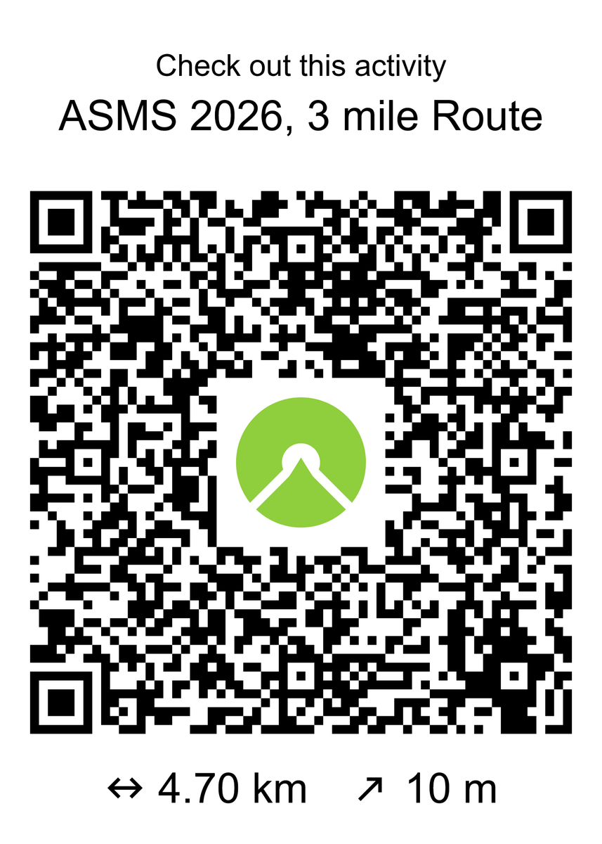 BakerLabMS's tweet photo. Just a reminder that the unofficial hashtag#ASMS2026 Baker Lab run/walk is happening tomorrow! 🏃🏻‍♀️🌅We will be meeting outside front entrance to the Manchester Grand Hyatt at 6:30 am! Open to all paces! 

You can scan the QR codes or search the Garmin app to view the routes! https://t.co/Uj7VRU5T5w