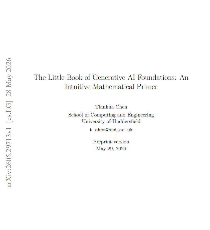 TheTuringPost's tweet photo. A must-read survey to refresh math and gen AI basics → The Little Book of Generative AI Foundations: An Intuitive Mathematical Primer

It shows a clear walkthrough of how gen AI learns to understand, model, and create complex data, covering:

- Latent algebra foundations: PCA, SVD, autoencoders
- Latent models: PPCA and VAEs
- VAEs: ELBO, inference, reparameterization
- Diffusion: the way from noise → denoising
- Score-based and continuous-time generative modelling
- Density models: flows, autoregression
- GANs and energy-based models beyond likelihoods