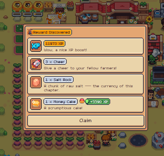4EverJ10's tweet photo. Day 12 of claiming daily reward

→ 11973 XP 
→ 3 Cheer
→ 1 Salt Rock
→ 1 Honey Cake worth 5590 XP

It's not that much but the XP can make a difference and add up to my level.

#SunflowerLandFarm https://t.co/djMb1DtPP8