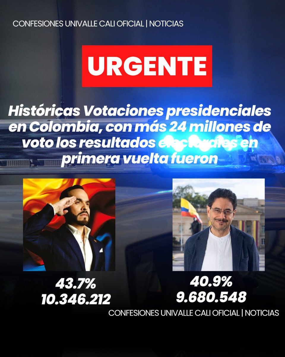 cfunivalle's tweet photo. URGENTE | RESULTADOS DE PRIMERA VUELTA

Con más de 24 millones de votos depositados y el 99,9% de las mesas informadas, Colombia registra una de las jornadas electorales más participativas de su historia reciente.
#elecciones https://t.co/a7AfAGe1zI