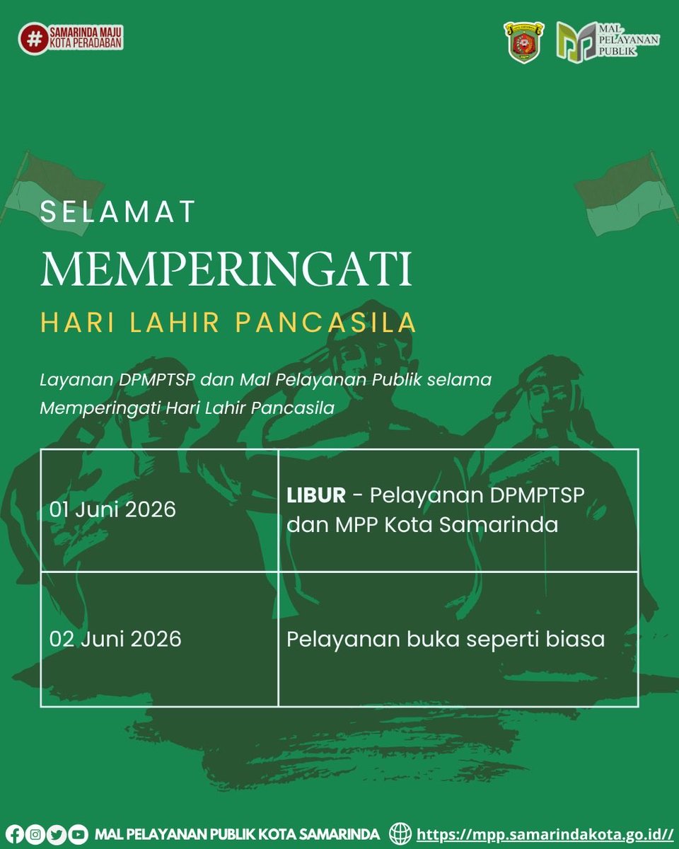 mppsmr_official's tweet photo. 📢 PENGUMUMAN LIBUR

Dalam rangka memperingati Hari Lahir Pancasila, layanan kami tutup pada:

🗓 01 Juni 2026

Layanan akan kembali beroperasi pada:
📍 02 Juni 2026

Terima kasih atas perhatian dan pengertiannya.'Selamat Memperingati Hari Lahir Pancasila https://t.co/5Fichl0TNm