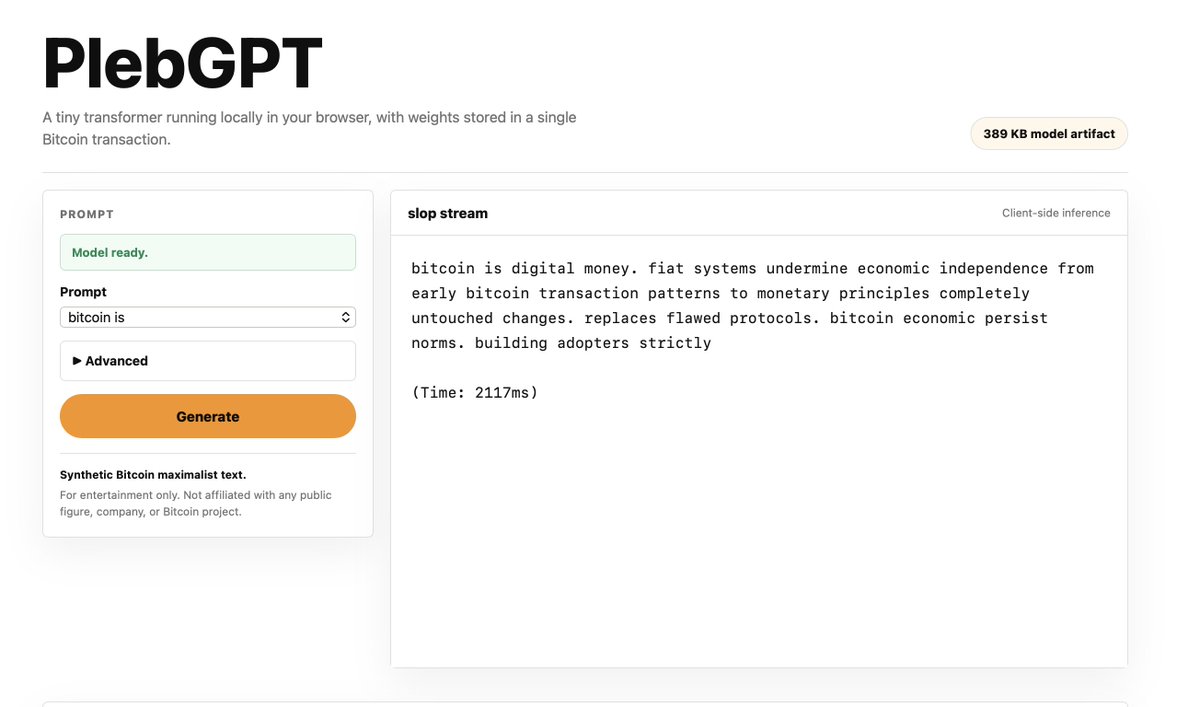 rot13maxi's tweet photo. I built a very small language model on plebslop. 
How small? Small enough to fit in a single *standard* bitcoin transaction.

There is now a plebslop generator on every Bitcoin node.

The UI includes client-side inference code. It loads the weights and does it all in-browser https://t.co/dnSgGPO2vv