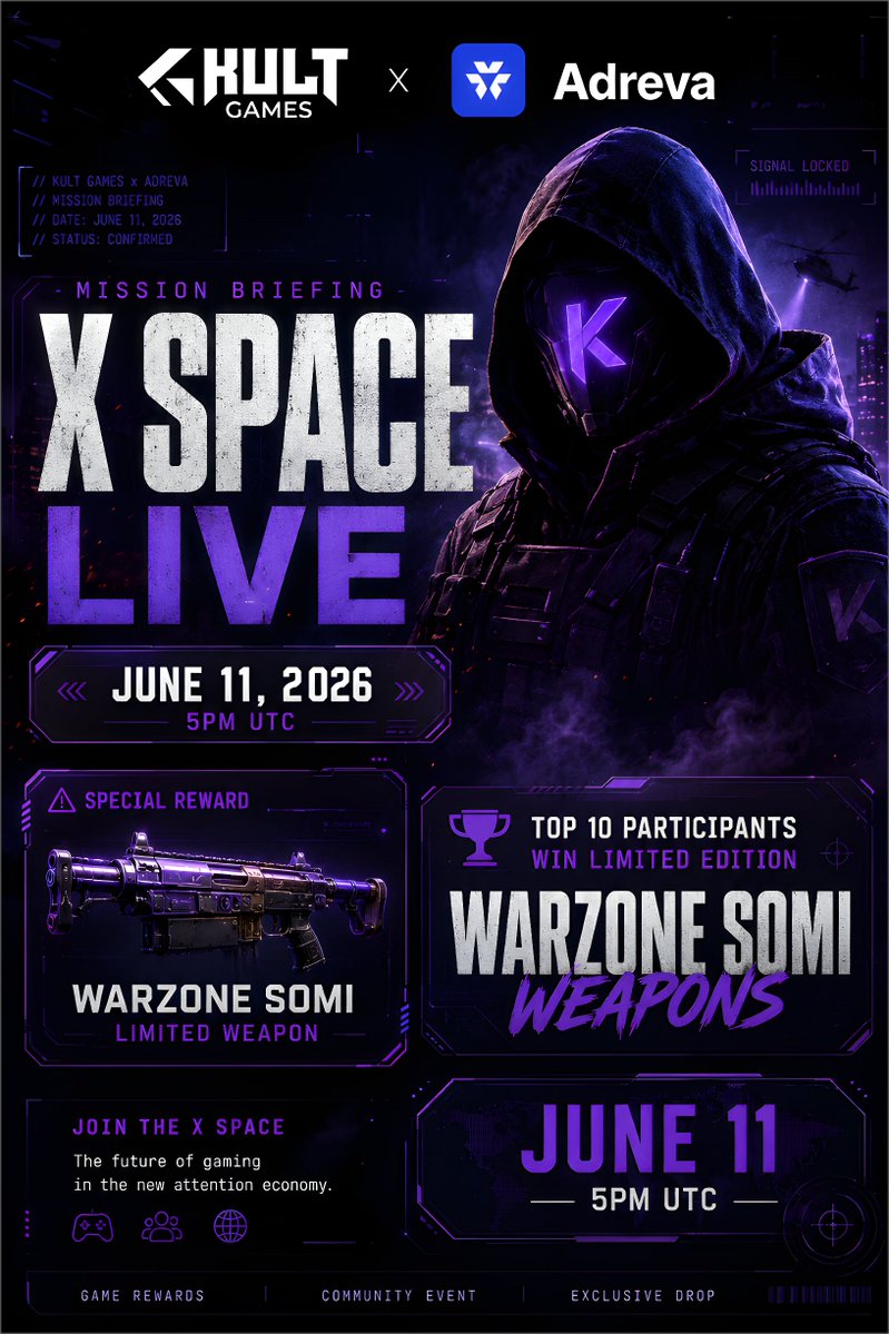 alter0099's tweet photo. Most gaming communities are still fighting for attention.

Kult Games is turning attention itself into the reward.

On June 11, @_KultGames and @adreva_network will host an X Space discussing the future of gaming in the new attention economy, community driven growth, and what comes next for Web3 gaming.

🎁 Top 10 submissions can win Limited Edition Warzone SOMI Weapons.

If you're into gaming, P2E, and community powered ecosystems, this is one Space worth tuning into.

📅 June 11, 2026
⏰ 5 PM UTC
#KultGames #Adreva #Web3Gaming #P2E #GameFi