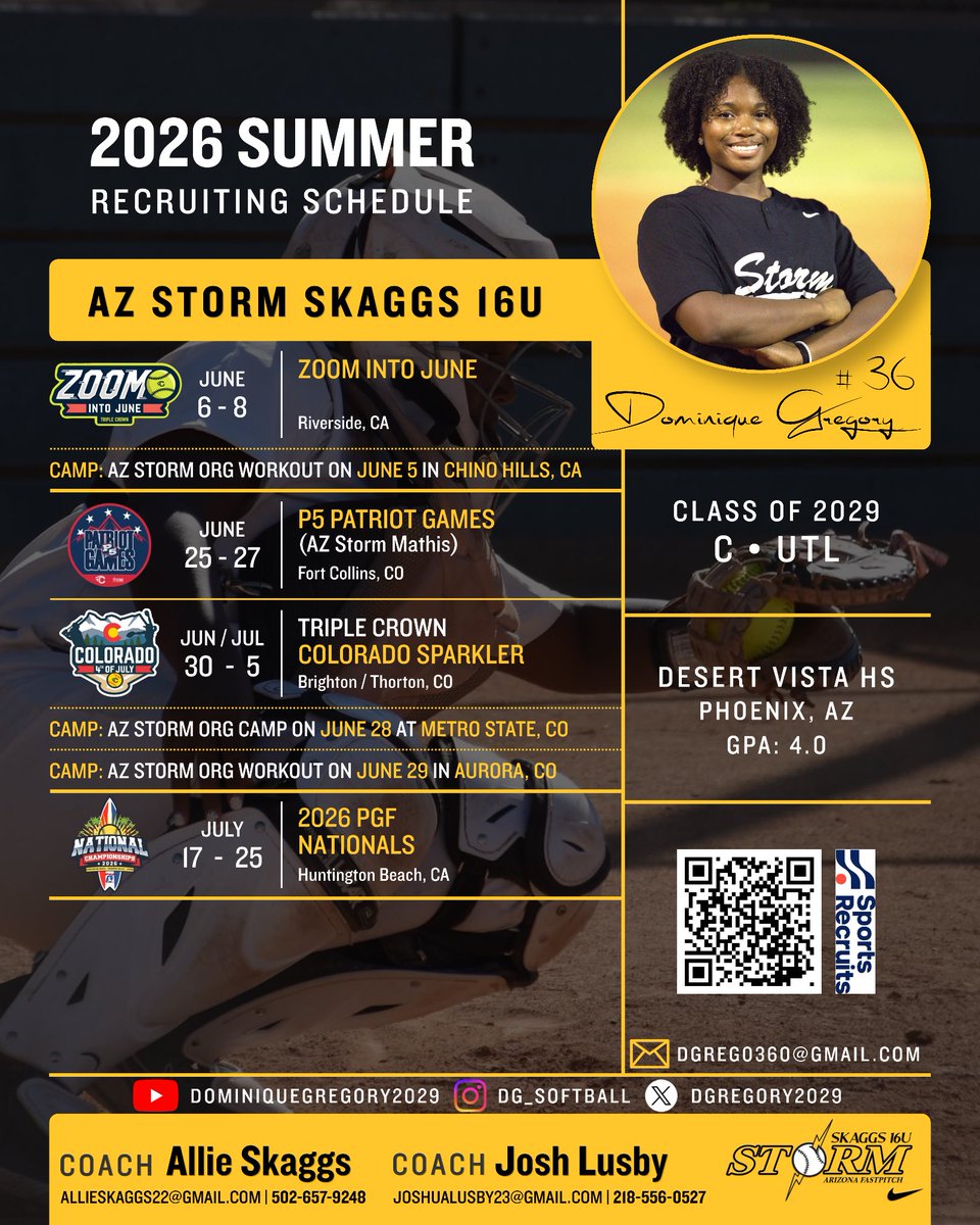 DGregory2029's tweet photo. Ready for a big summer of competing with AZ Storm Skaggs 16U! 🥎 Catch me on the dirt this season.
🎓 Class of 2029 | C/UTL
📚 GPA: 4.0
#SoftballRecruiting #Uncommitted #PGFNationals #ColoradoSparkler https://t.co/cyGkHOVpl7