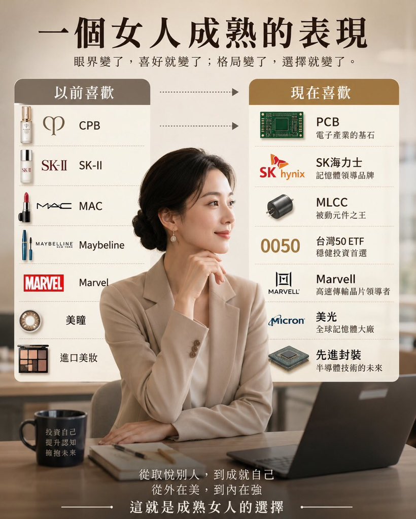 unclestocksnote's tweet photo. 一個女人成熟的表現
以前喜歡 CPB，現在喜歡 PCB
以前喜歡 SK-II，現在喜歡 SK海力士
以前喜歡 MAC，現在喜歡 MLCC
以前喜歡Maybeline，現在喜歡0050
以前喜歡Marvel，現在喜歡Marvell
以前喜歡美瞳，現在喜歡美光
以前喜歡進口美妝，現在喜歡先進封裝 https://t.co/ykFk8EbcUr