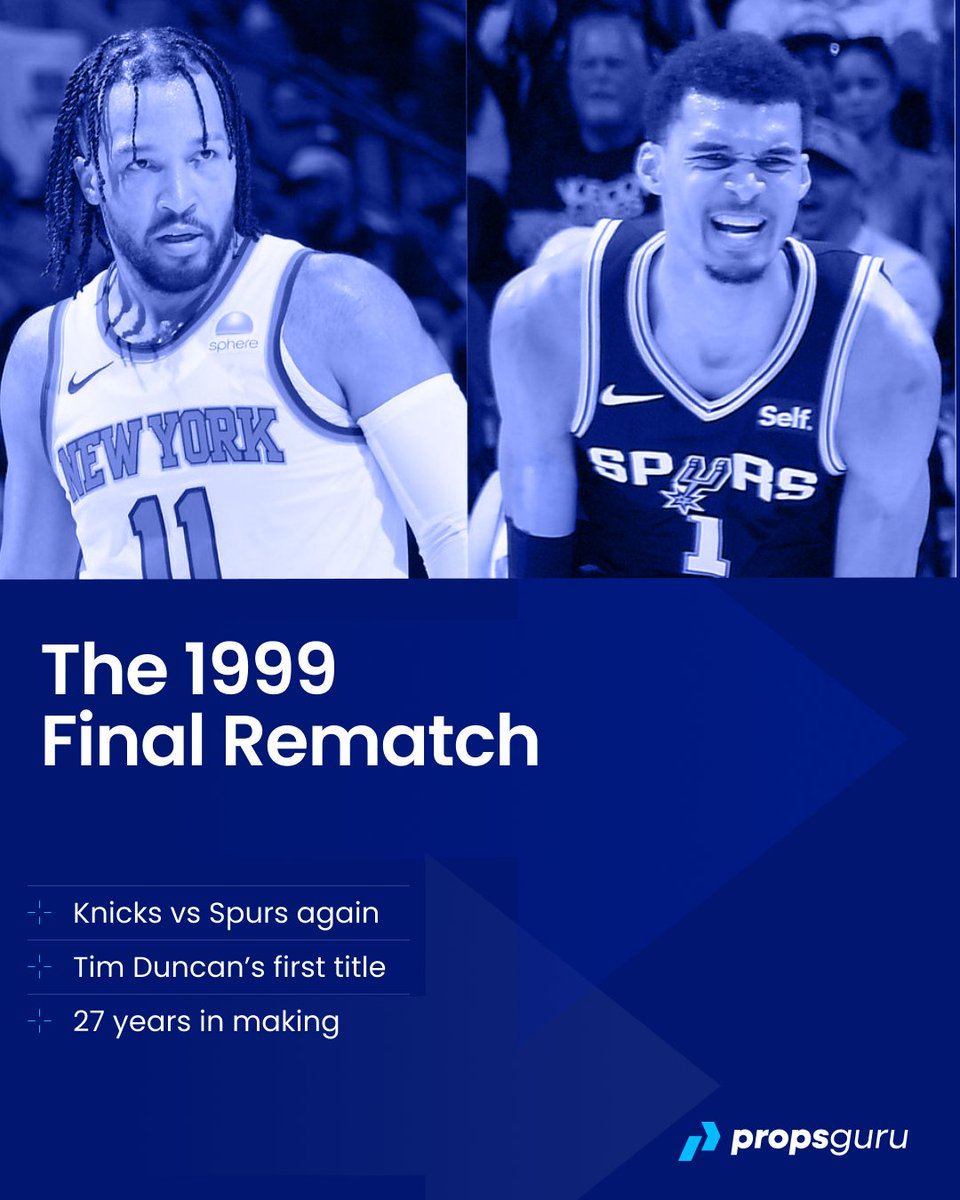 propsguruHQ's tweet photo. The 1999 Finals rematch is set. 

27 years ago, the Spurs beat the Knicks to launch Tim Duncan’s dynasty. 

Now, these historic clubs collide again on the grandest stage. Who takes the crown? https://t.co/bJnx93anHg