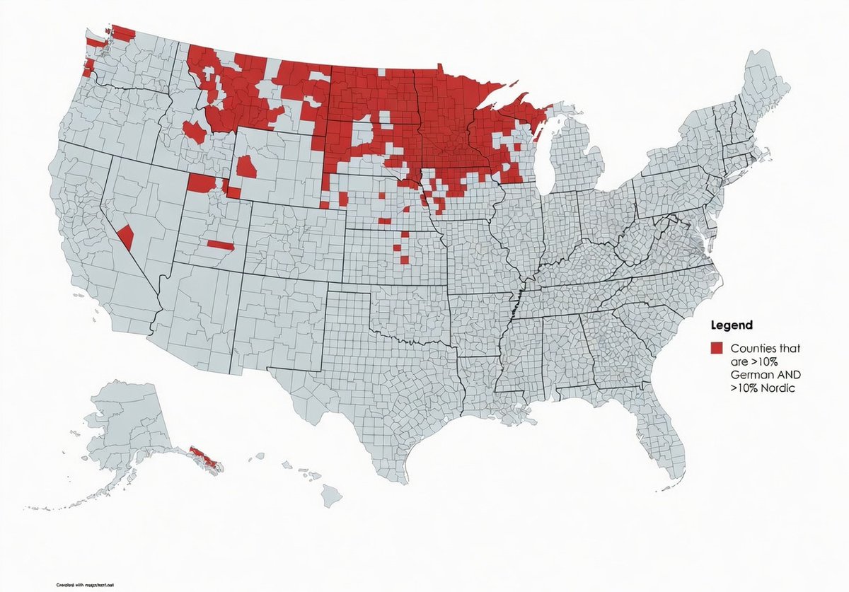 SidKhurana3607's tweet photo. Here are the counties that are >10% German and >10% Nordic (Danish, Finnish, Icelandic, Norwegian, Swedish).

This covers much of the Upper Midwest (every single Minnesota county!) and a few PNW counties as well. https://t.co/ROmwbsR3BZ