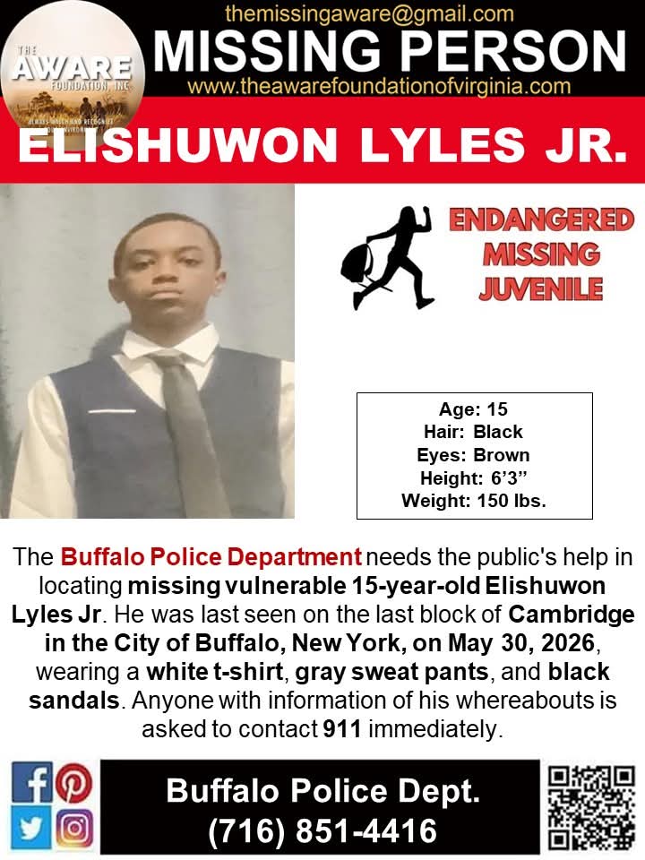 aware_the's tweet photo. 🚨 MISSING JUVENILE 🚨
📍 Buffalo, New York

The Buffalo Police Department is asking for the public's assistance in locating 15-year-old Elishuwon Lyles Jr., who has been reported missing and vulnerable.

🔹 Last Seen: May 30, 2026
📍 Last block of Cambridge, Buffalo, NY
👕 White T-shirt
👖 Gray sweatpants
🩴 Black sandals

⚠️ If you have any information regarding Elishuwon’s whereabouts, please call 911 immediately.

🙏 Please share this post to help bring Elishuwon home safely.

#ElishuwonLylesJr #MissingJuvenile #MissingInNewYork #BuffaloNY #BringThemHome #MissingChild #CommunityAwareness #ShareToHelp #TheAWAREFoundationInc 🚨💙🙏